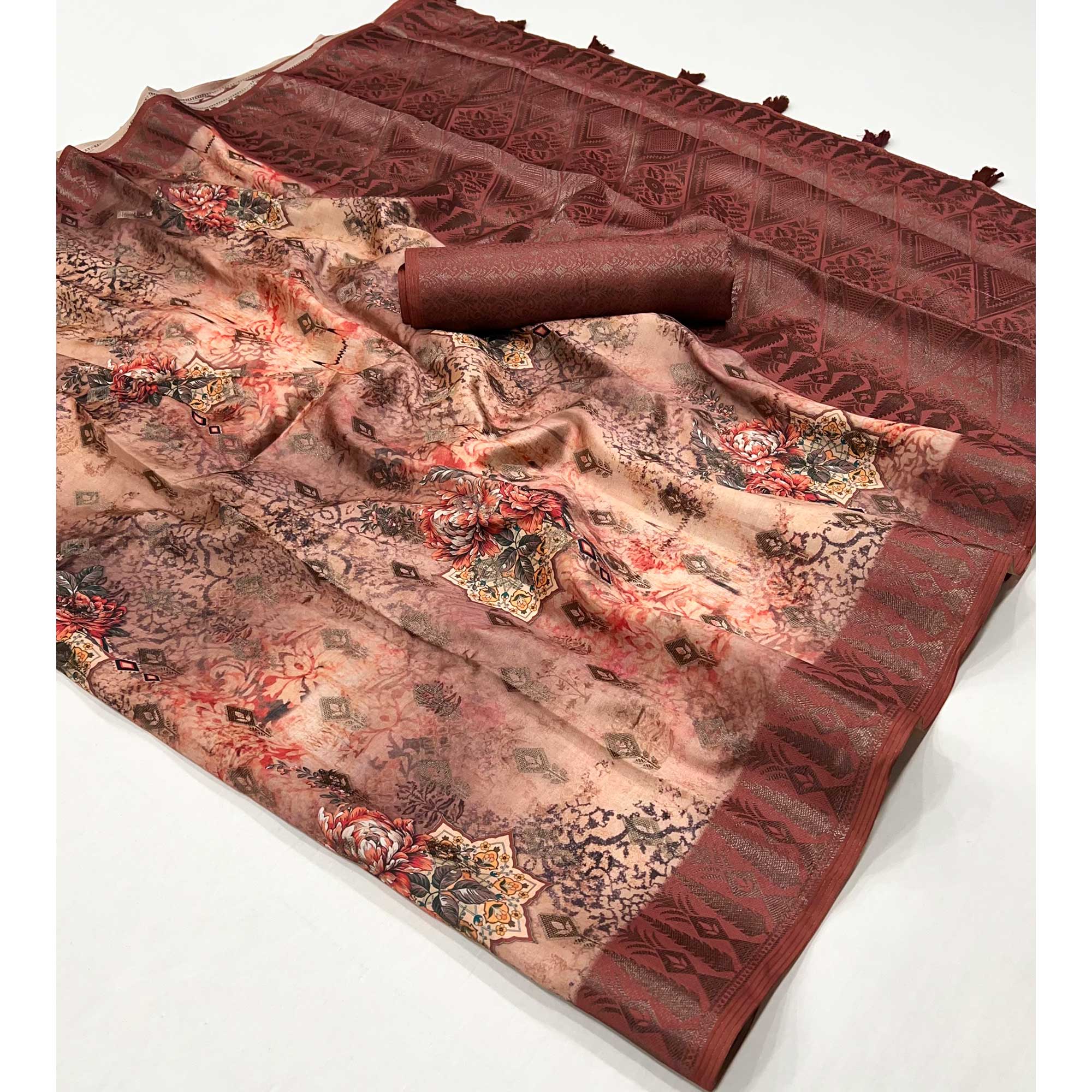 Brown Digital Floral Patterned Cotton Silken Drape