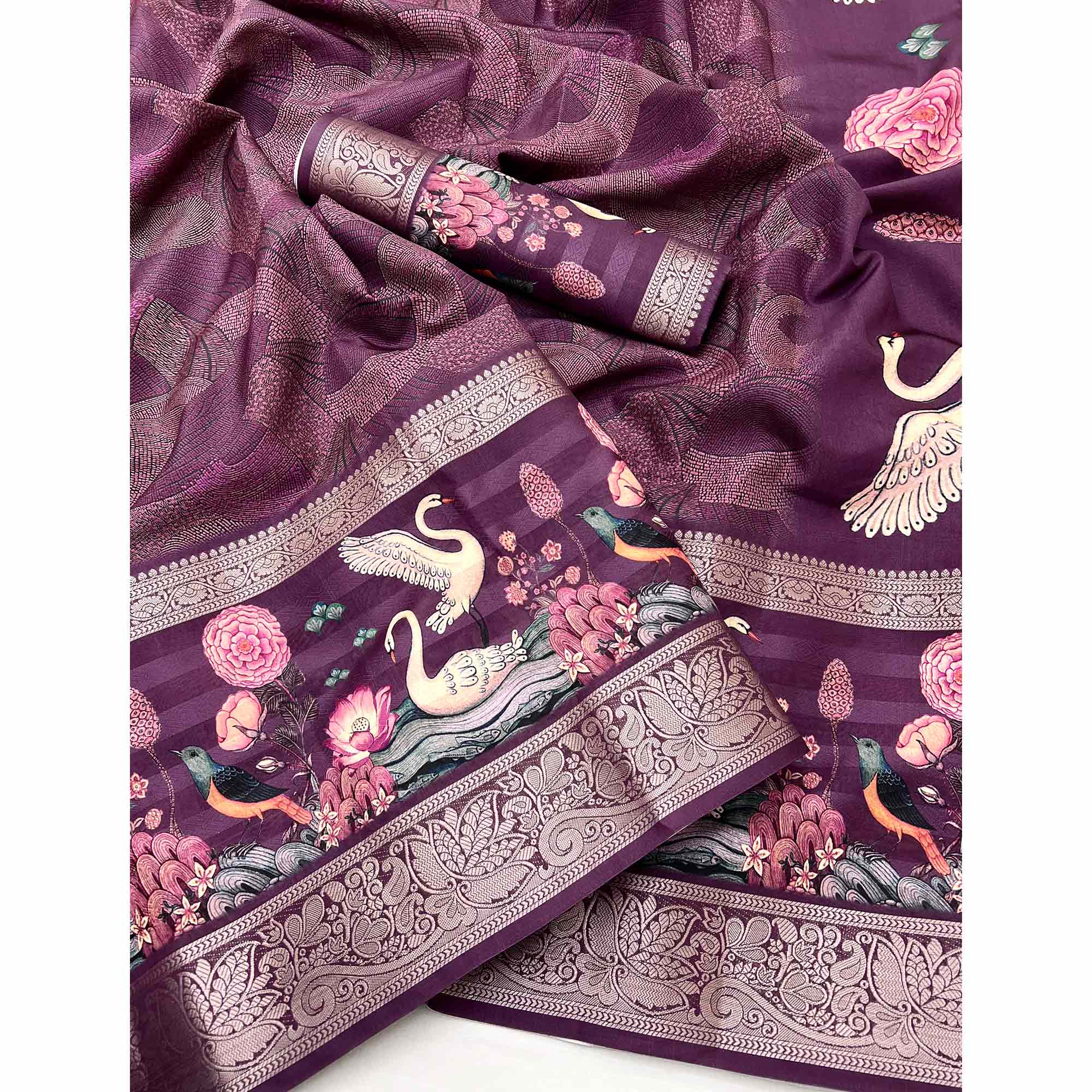 Wine Digital Patterned Smooth Cotton Silken Drape Featuring Zari Border