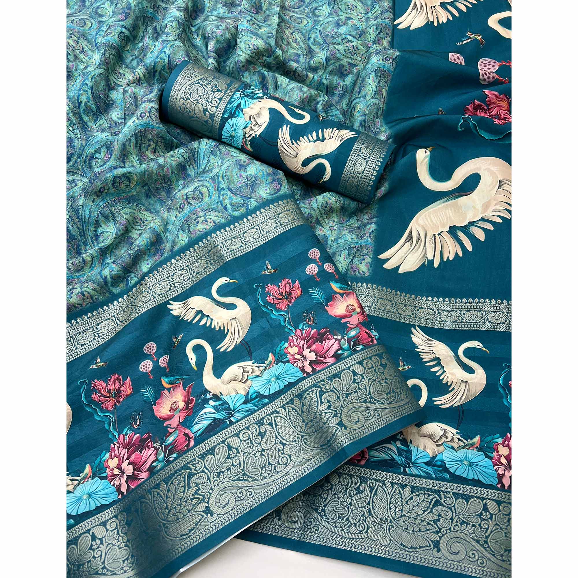 Teal Digital Patterned Smooth Cotton Silken Drape Featuring Zari Border