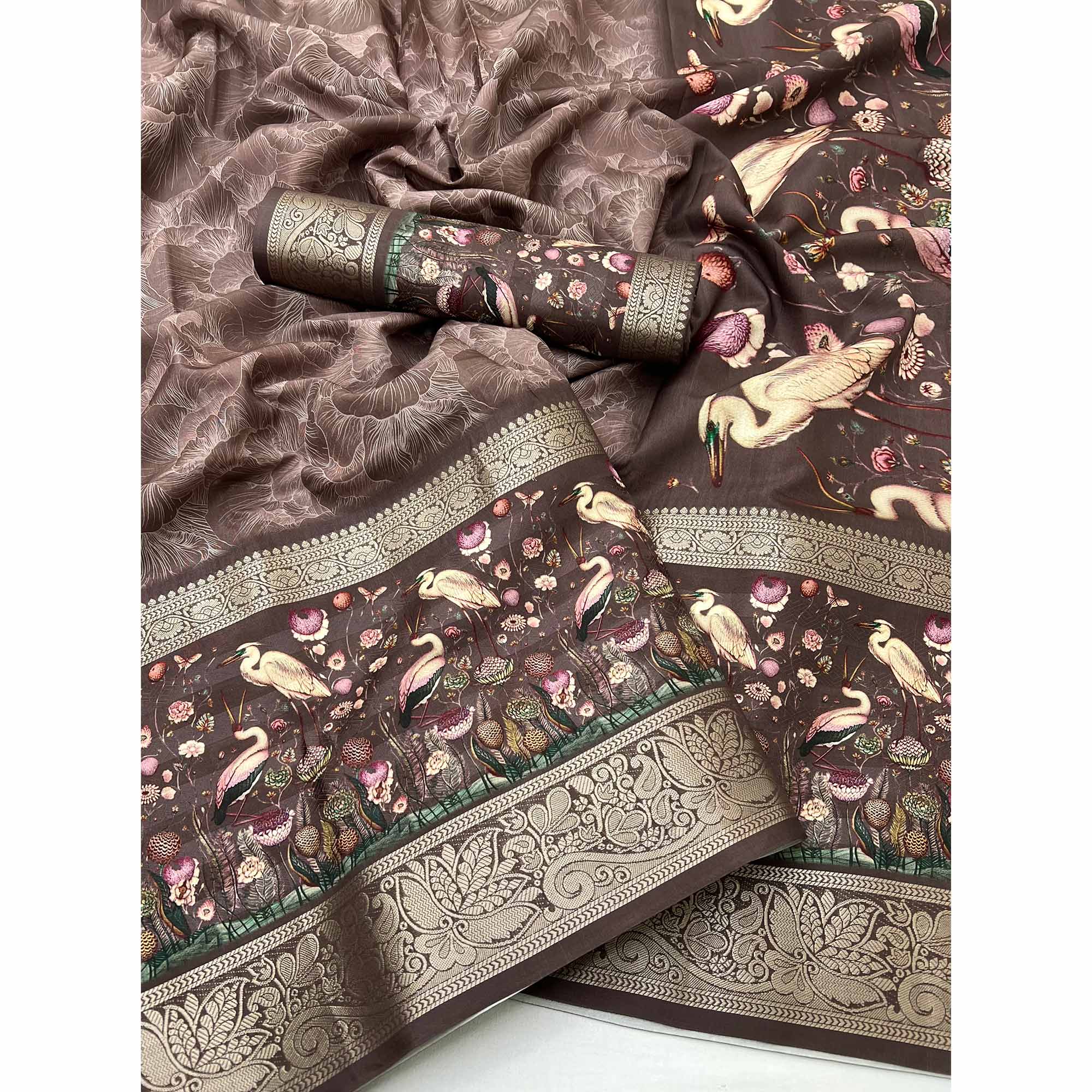 Brown Digital Patterned Smooth Cotton Silken Drape Featuring Zari Border