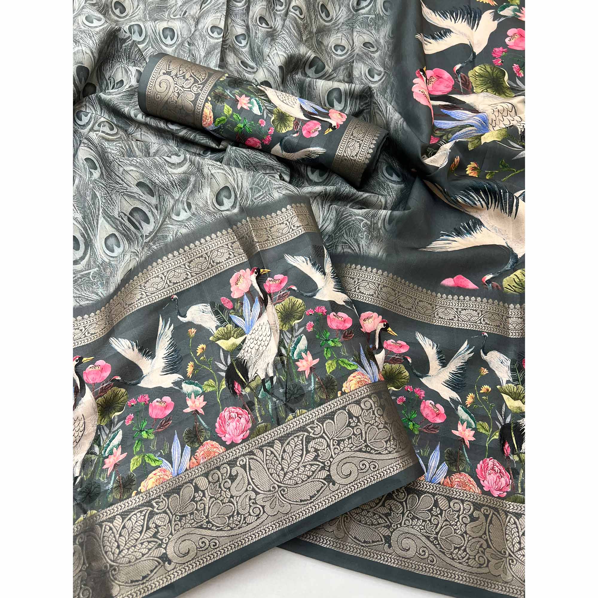Grey Digital Patterned Smooth Cotton Silken Drape Featuring Zari Border