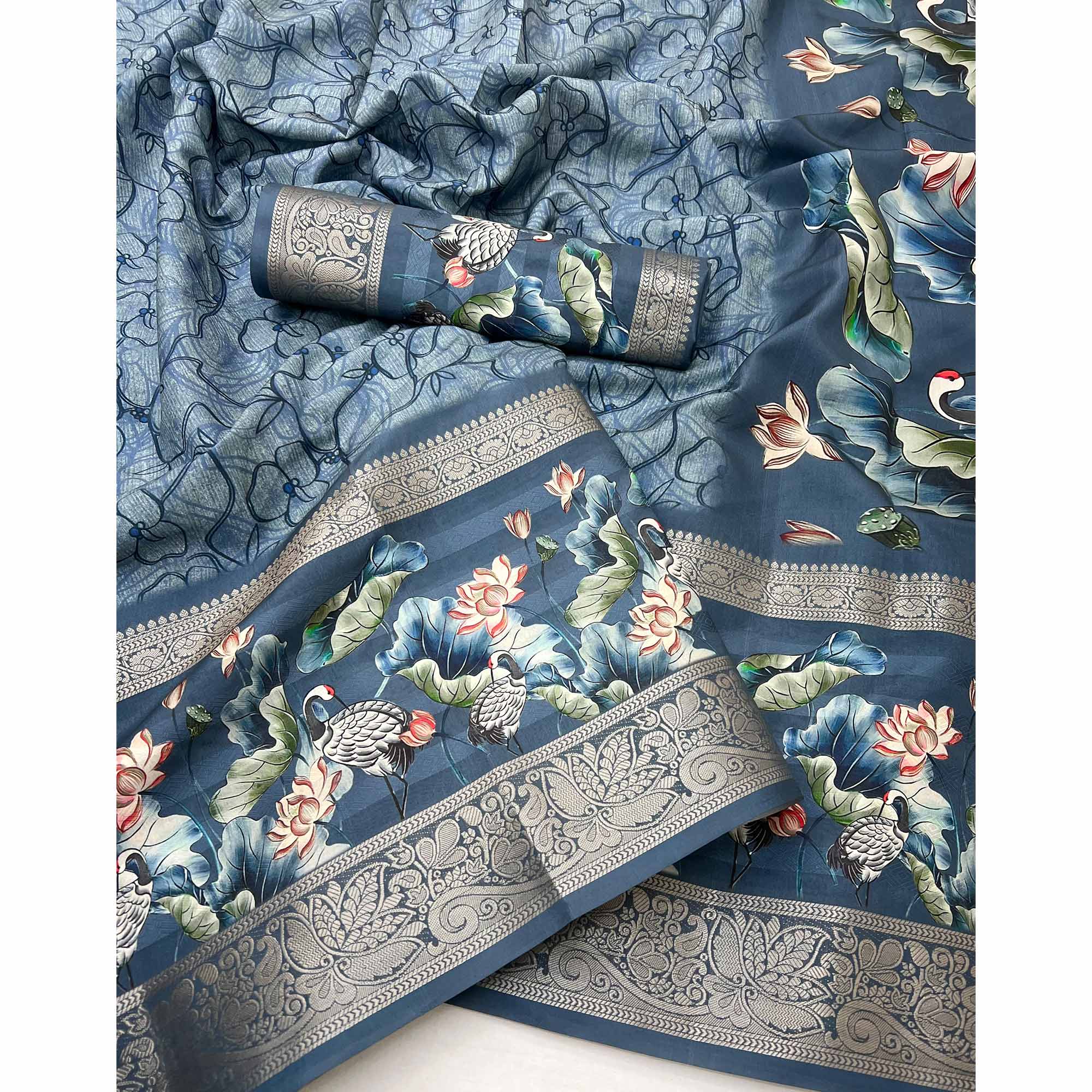 Dusty Blue Digital Patterned Smooth Cotton Silken Drape Featuring Zari Border