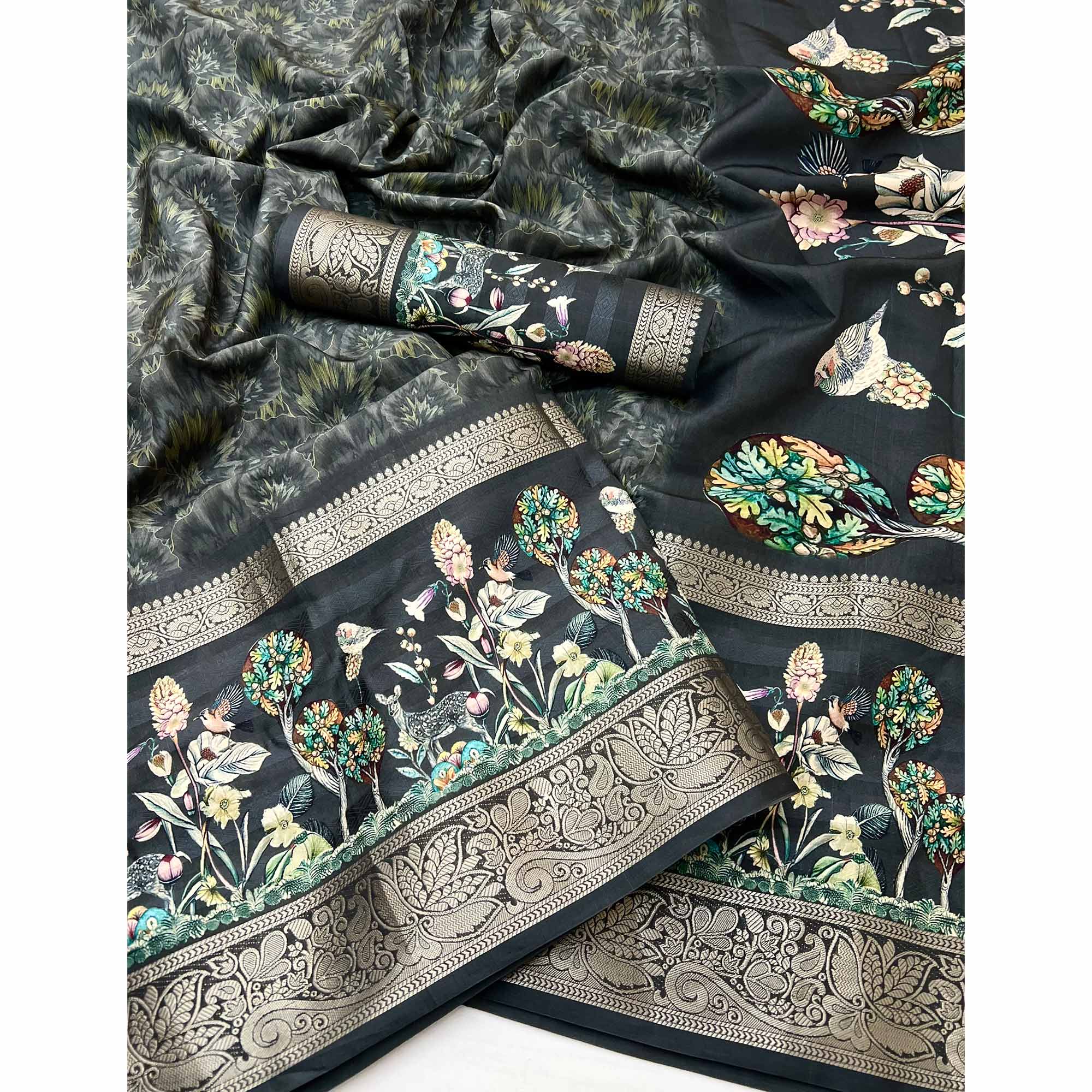 Black Digital Patterned Smooth Cotton Silken Drape Featuring Zari Border