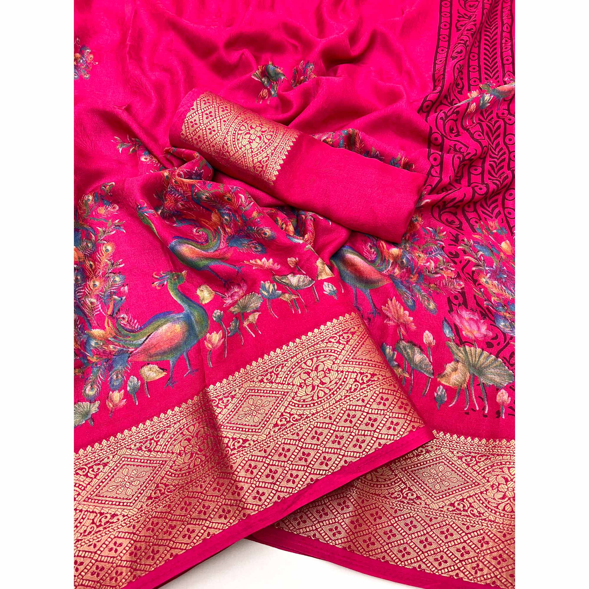 Pink Peacock Patterned Smooth Georgette Drape Featuring Zari Border