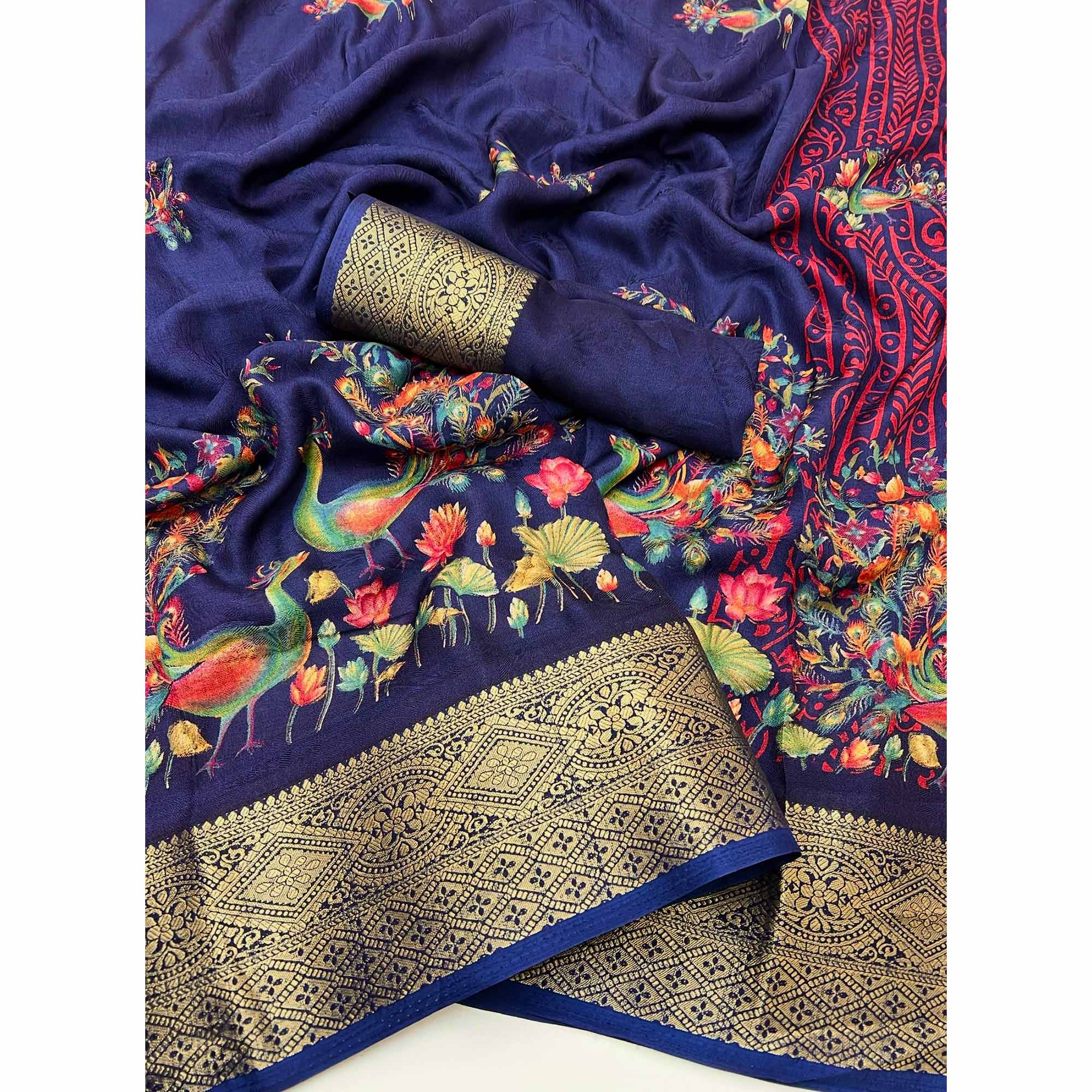Blue Peacock Patterned Smooth Georgette Drape Featuring Zari Border