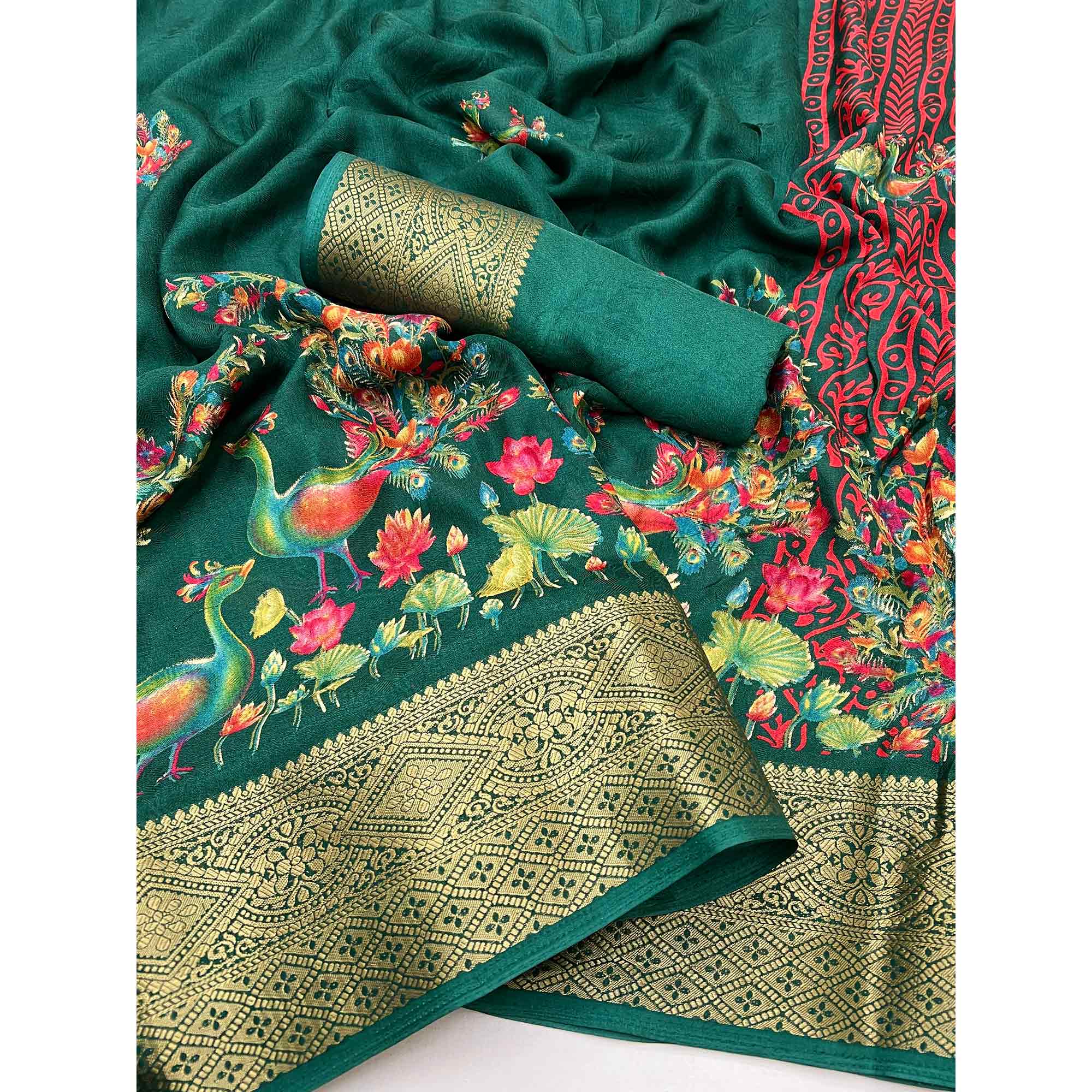 Green Peacock Patterned Smooth Georgette Drape Featuring Zari Border