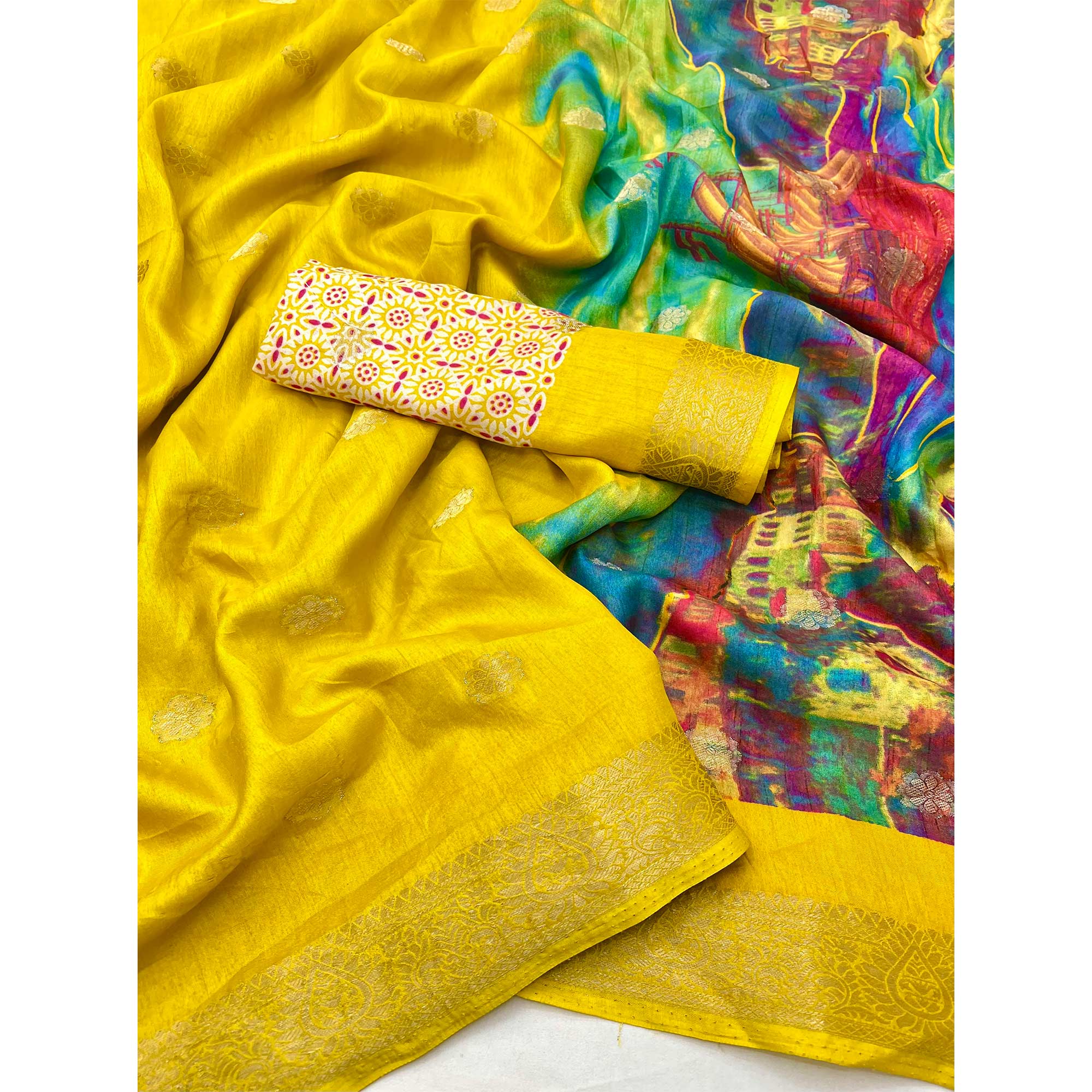 Soft Dola Silk Saree in Yellow Glows with Intricate Floral Butti Weaving