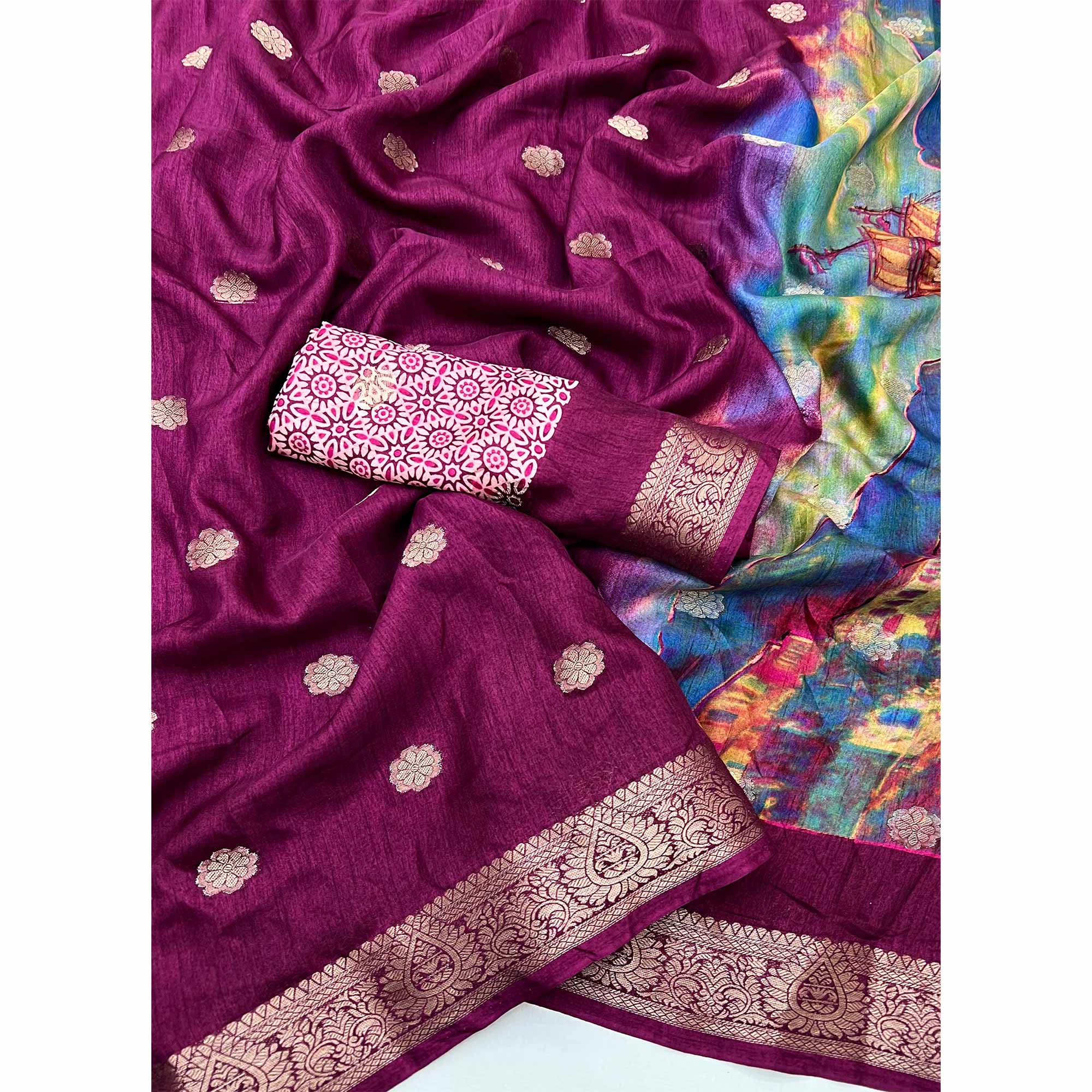 Soft Dola Silk Saree in Purple Glows with Intricate Floral Butti Weaving