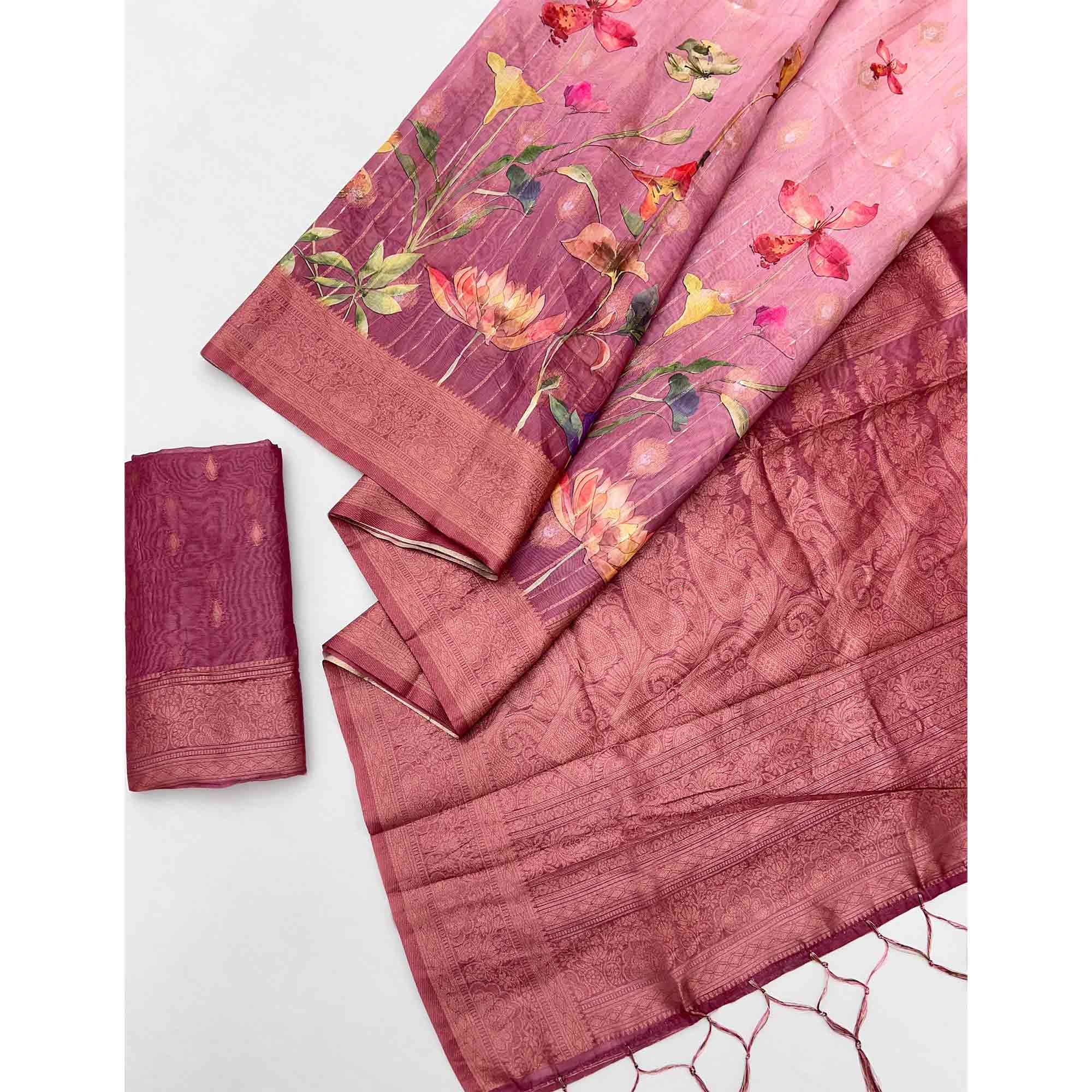 Classic Wine Floral Weaving & Digital Print Silk Blend Saree Accented With Tassel Pallu