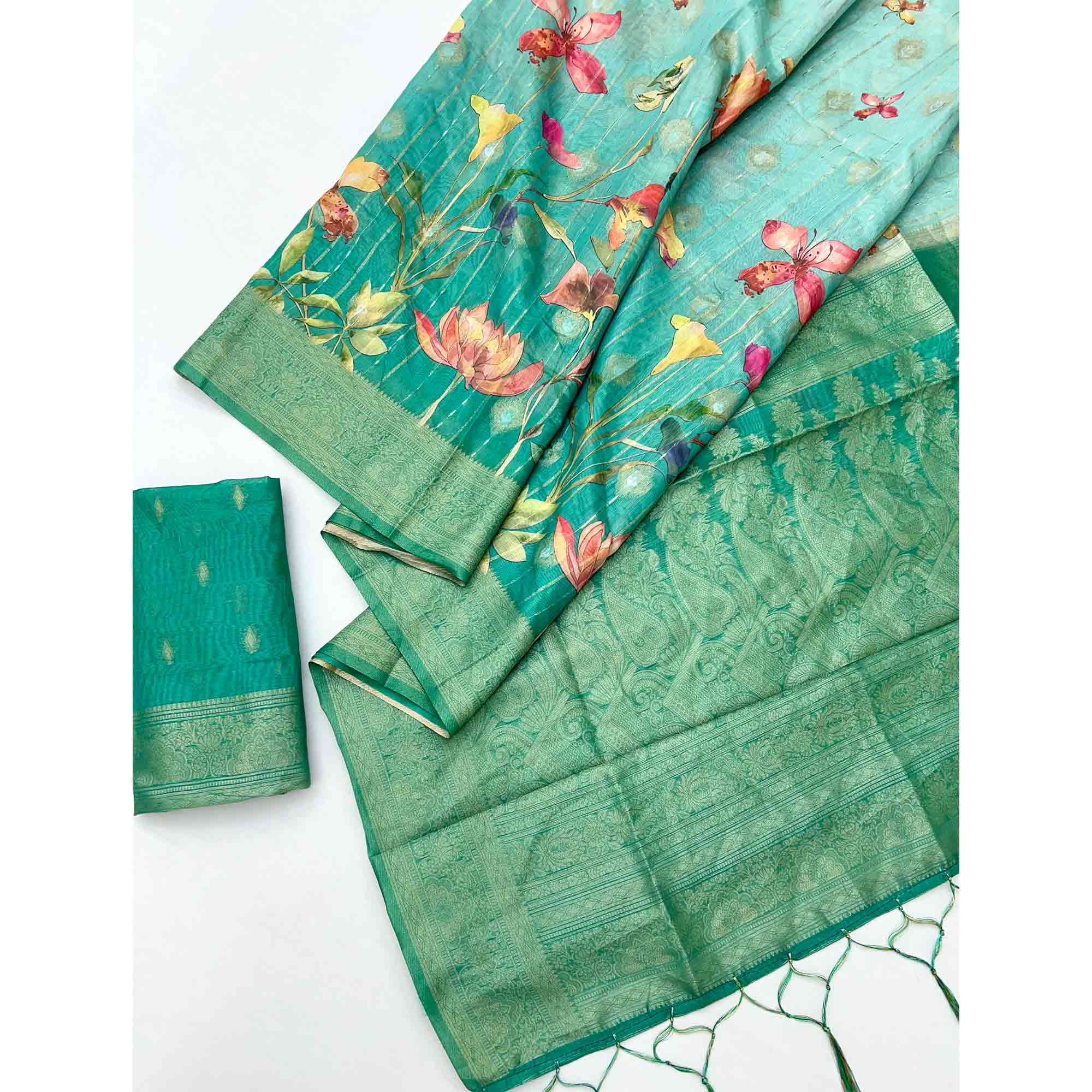 Classic Rama Green Floral Weaving & Digital Print Silk Blend Saree Accented With Tassel Pallu