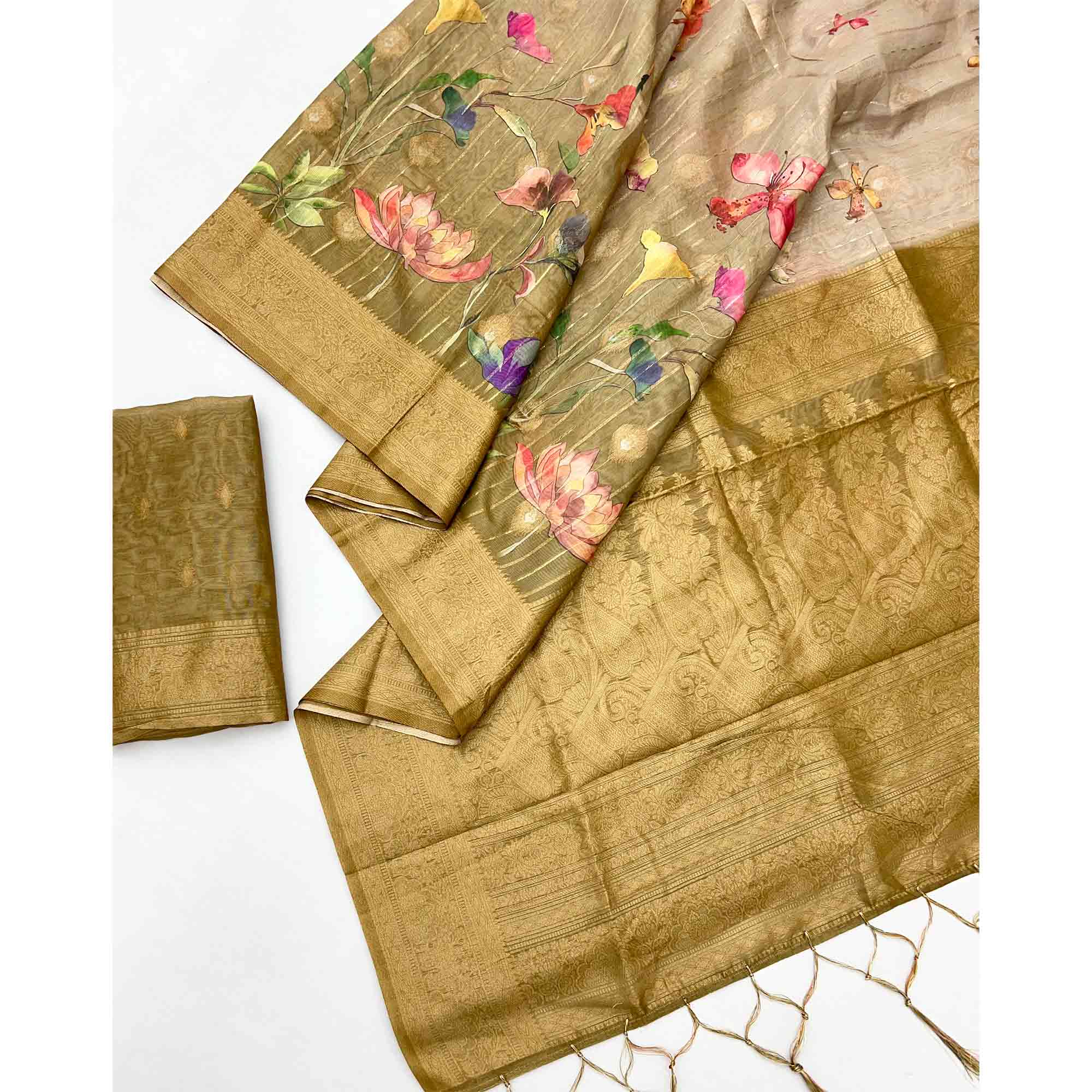 Classic Chikoo Floral Weaving & Digital Print Silk Blend Saree Accented With Tassel Pallu