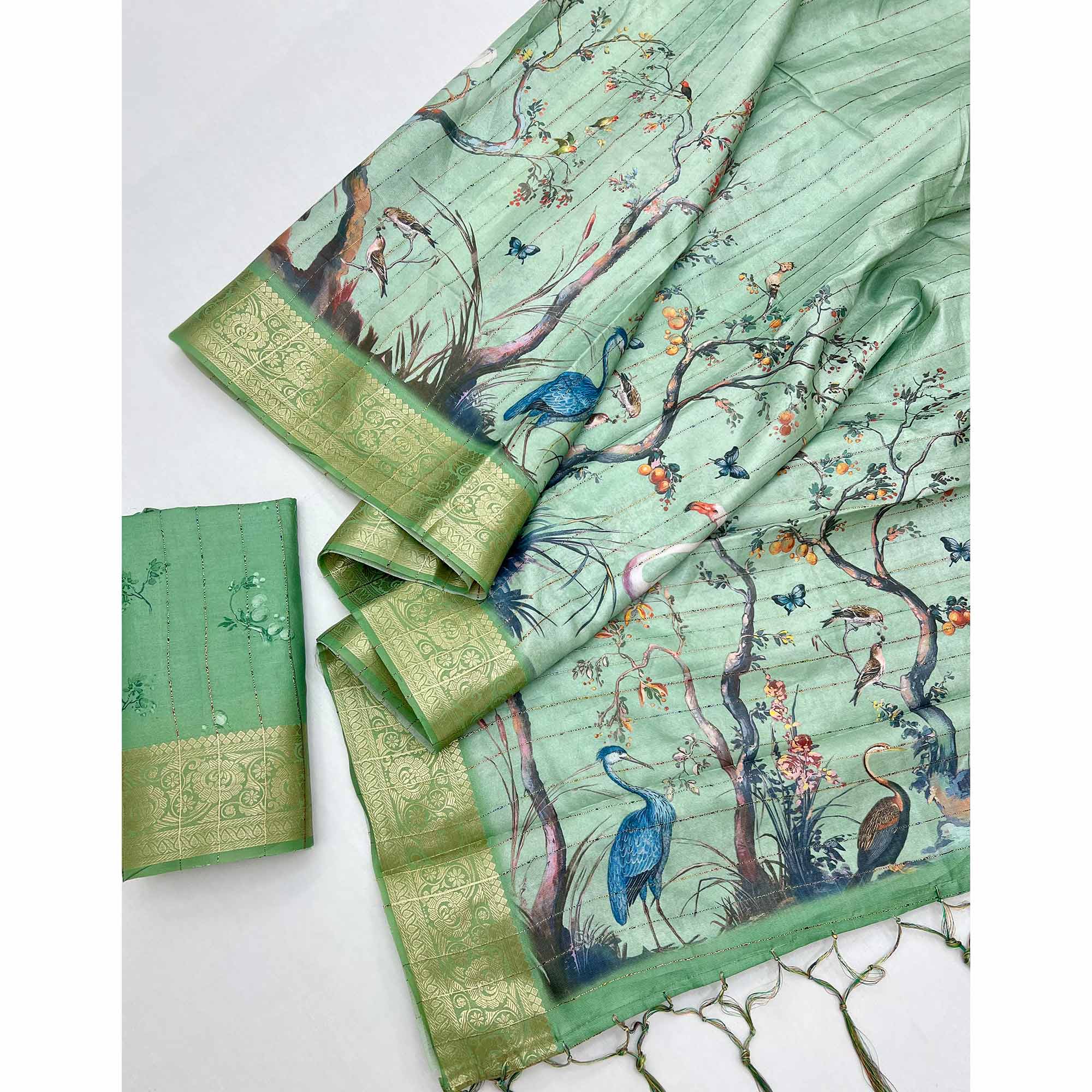 Majestic Green Silk Blend Saree With Weaving Accents & Floral-Bird Digital Print Elegance