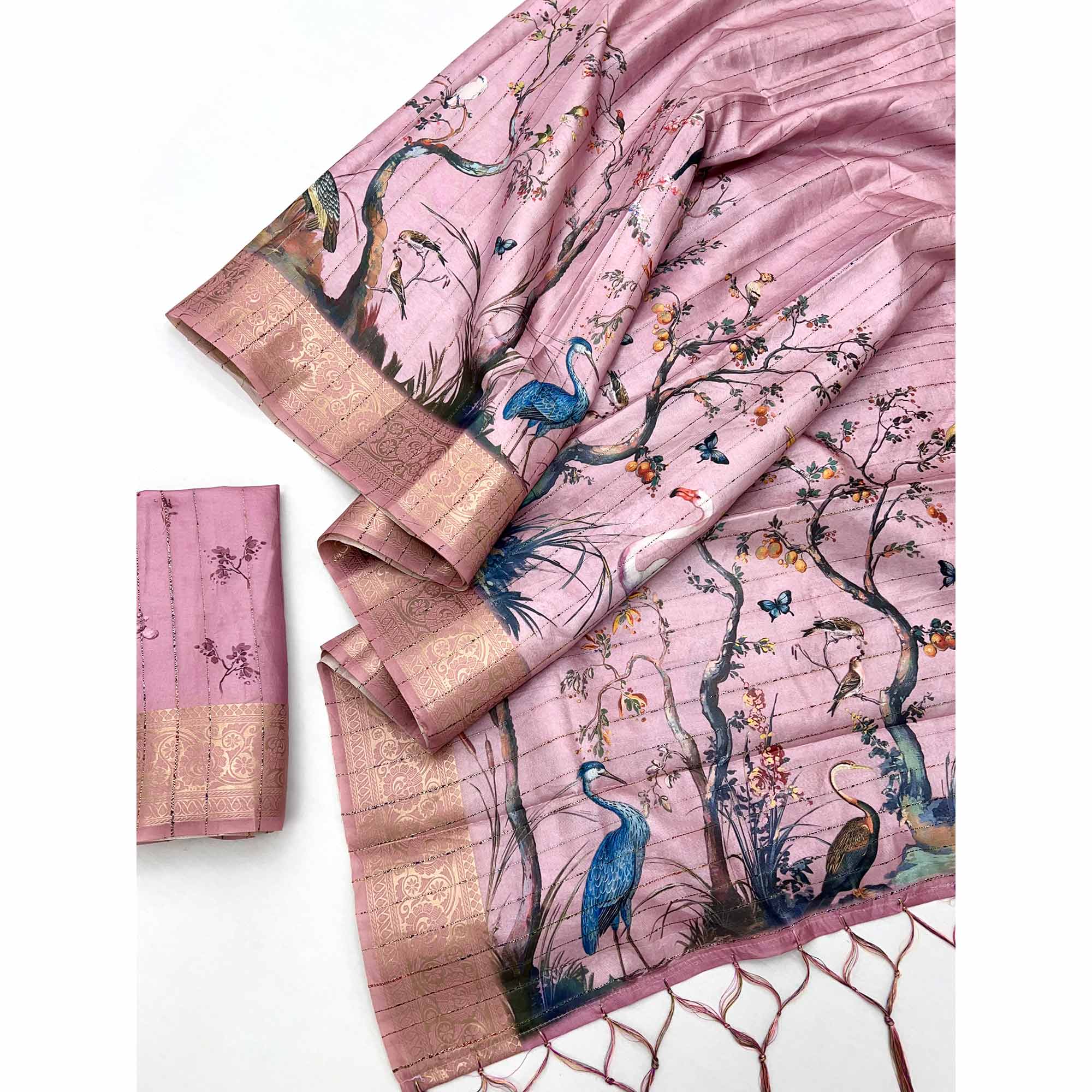 Majestic Pink Silk Blend Saree With Weaving Accents & Floral-Bird Digital Print Elegance