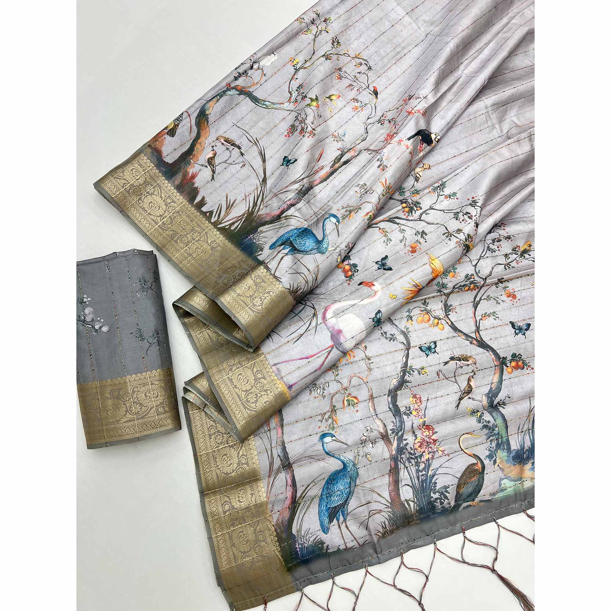 Majestic Grey Silk Blend Saree With Weaving Accents & Floral-Bird Digital Print Elegance