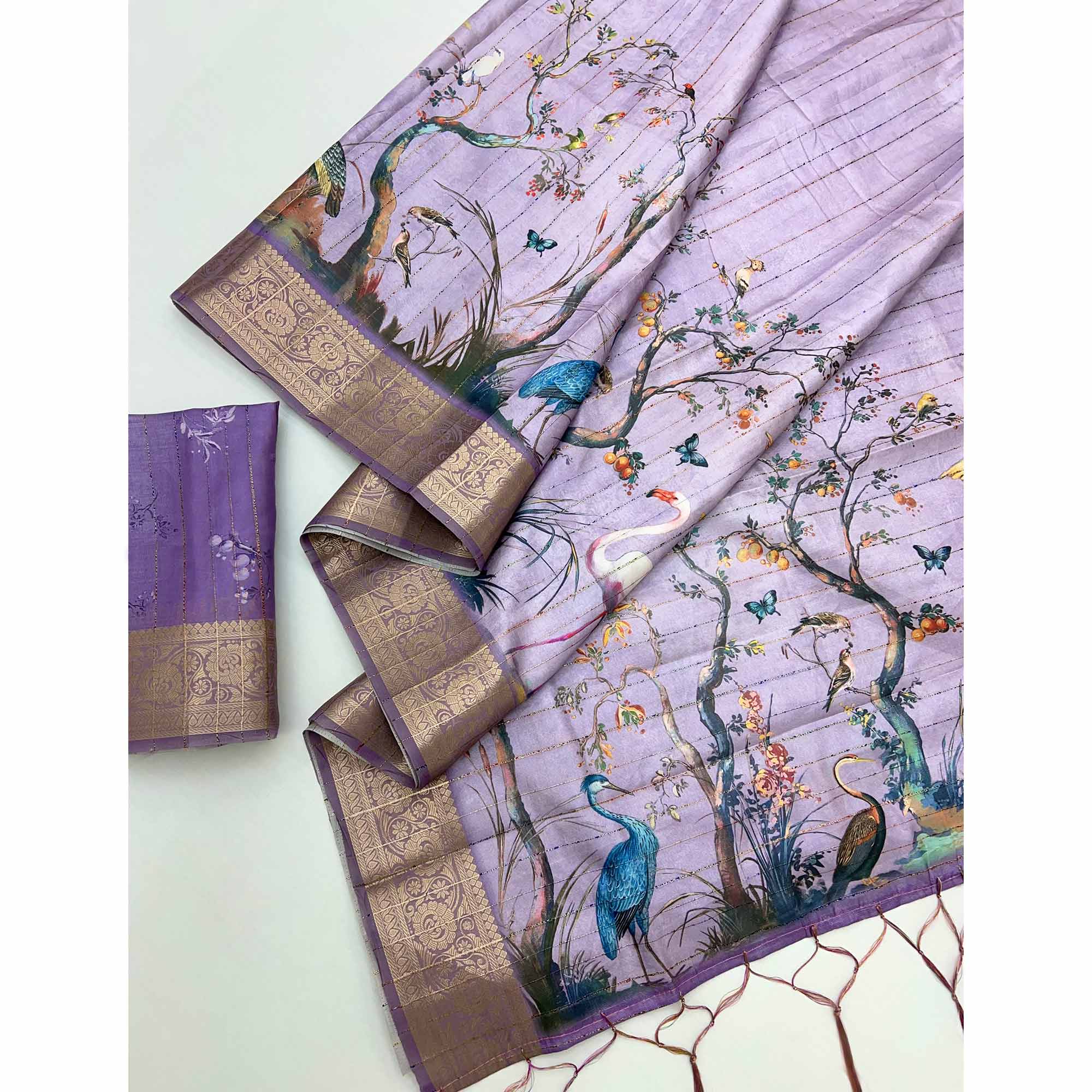 Majestic Lavender Silk Blend Saree With Weaving Accents & Floral-Bird Digital Print Elegance