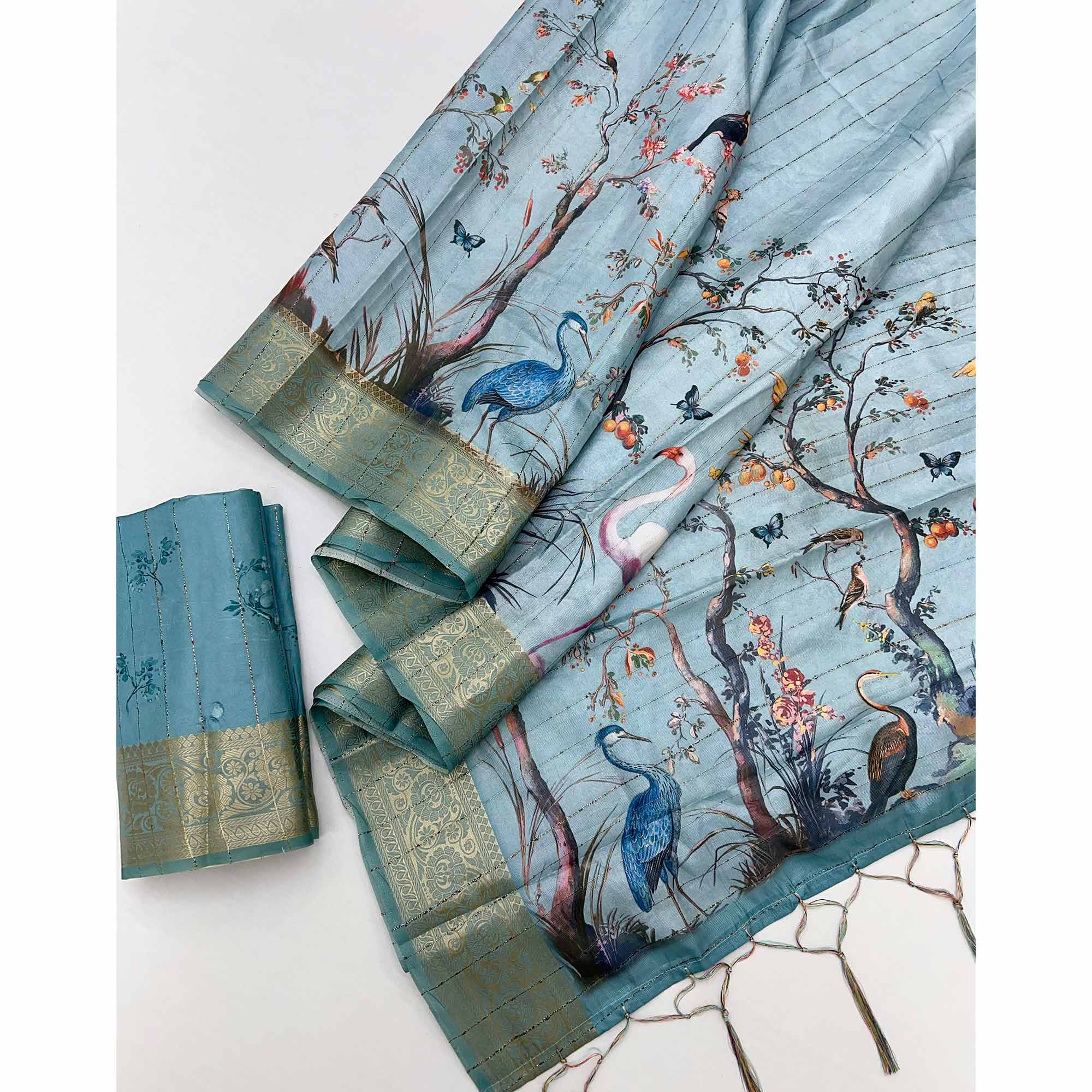 Majestic Blue Silk Blend Saree With Weaving Accents & Floral-Bird Digital Print Elegance