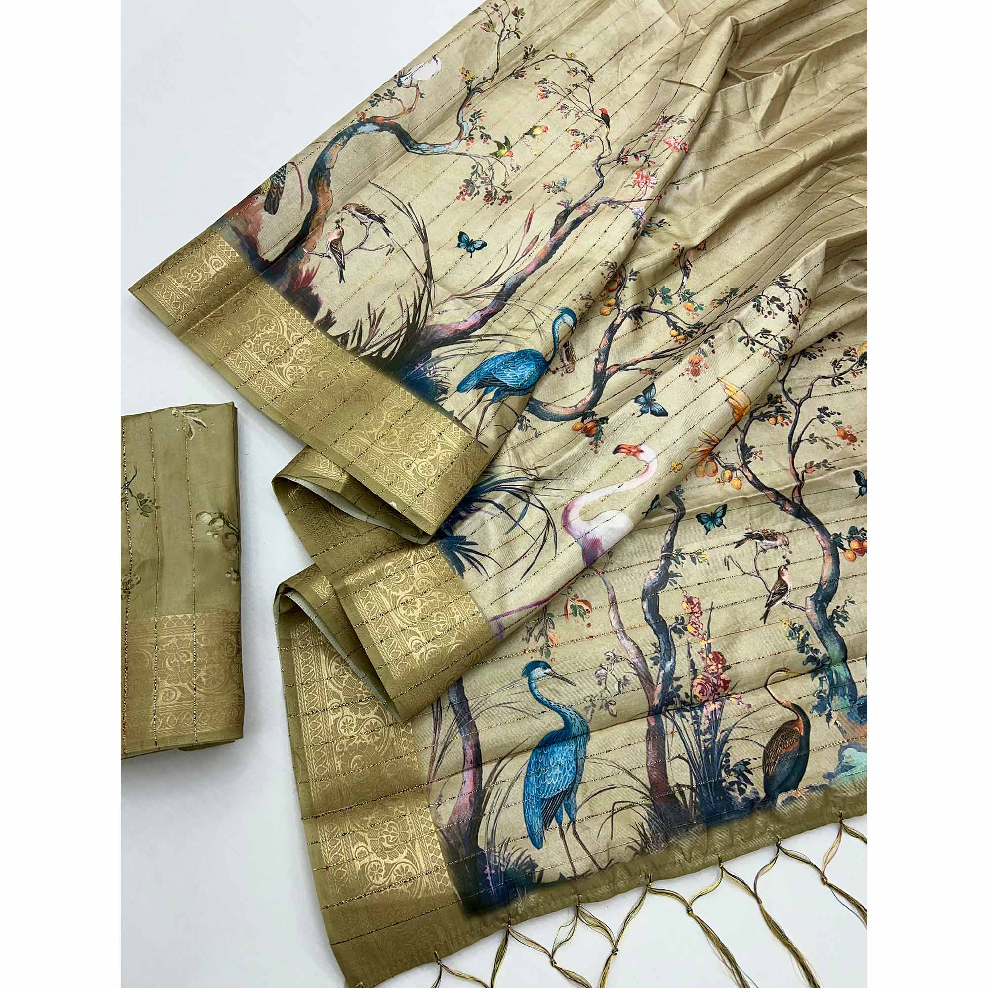 Majestic Chikoo Silk Blend Saree With Weaving Accents & Floral-Bird Digital Print Elegance