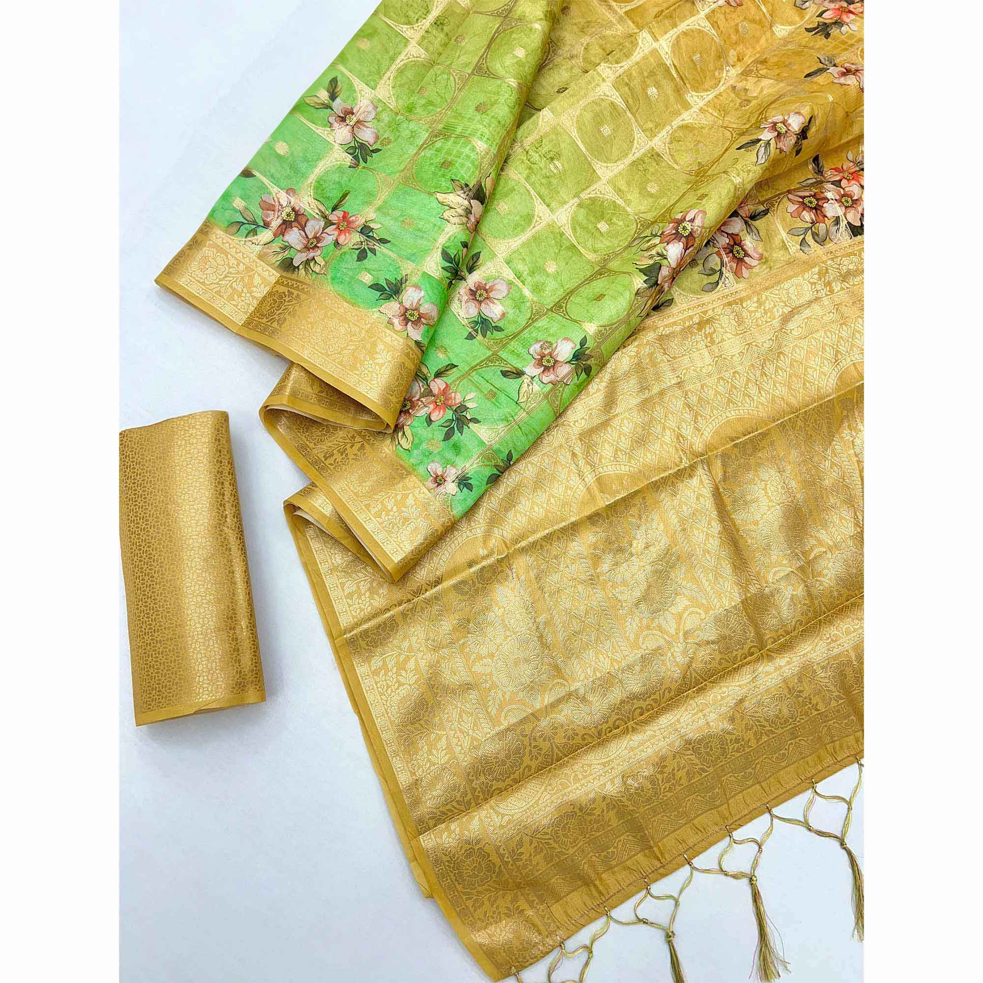 Charming Chikoo & Green Floral Zari Weaving Silk Blend Saree With Digital Printed