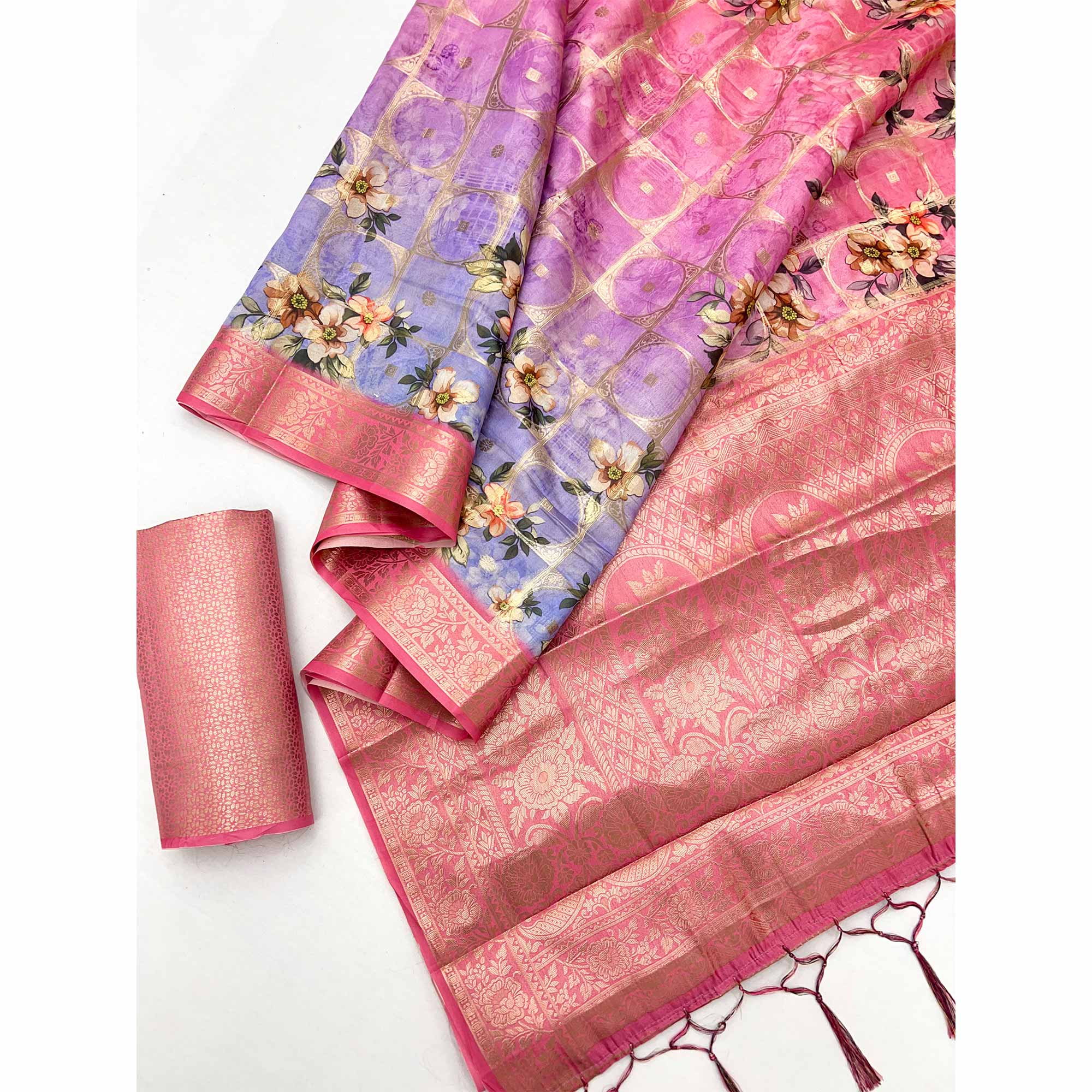 Charming Pink & Lavender Floral Zari Weaving Silk Blend Saree With Digital Printed
