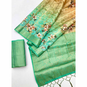 Charming Turquoise & Cream Floral Zari Weaving Silk Blend Saree With Digital Printed