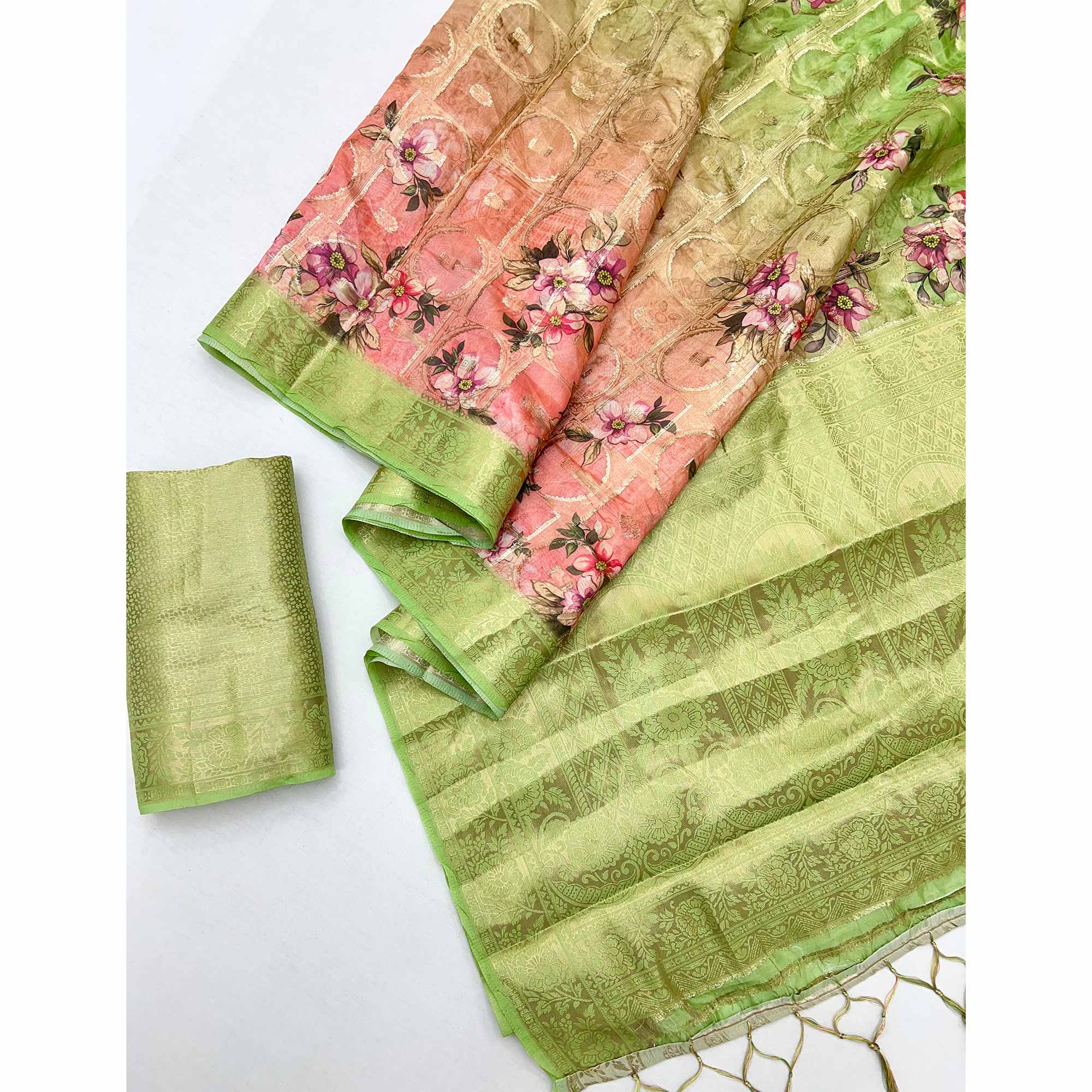 Charming Green & Pink Floral Zari Weaving Silk Blend Saree With Digital Printed