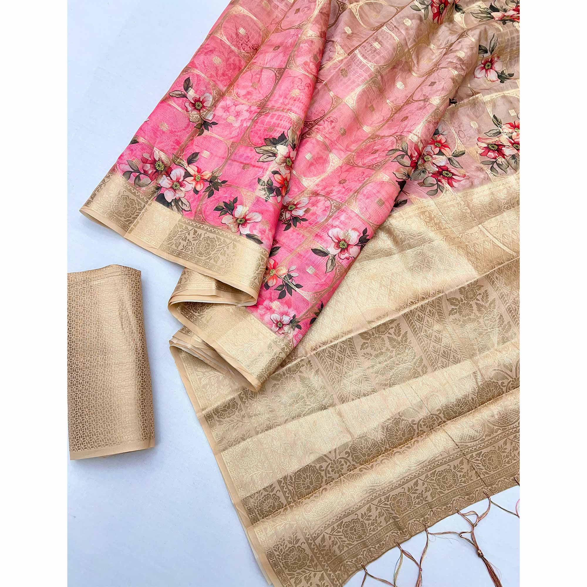 Charming Light Peach & Pink Floral Zari Weaving Silk Blend Saree With Digital Printed