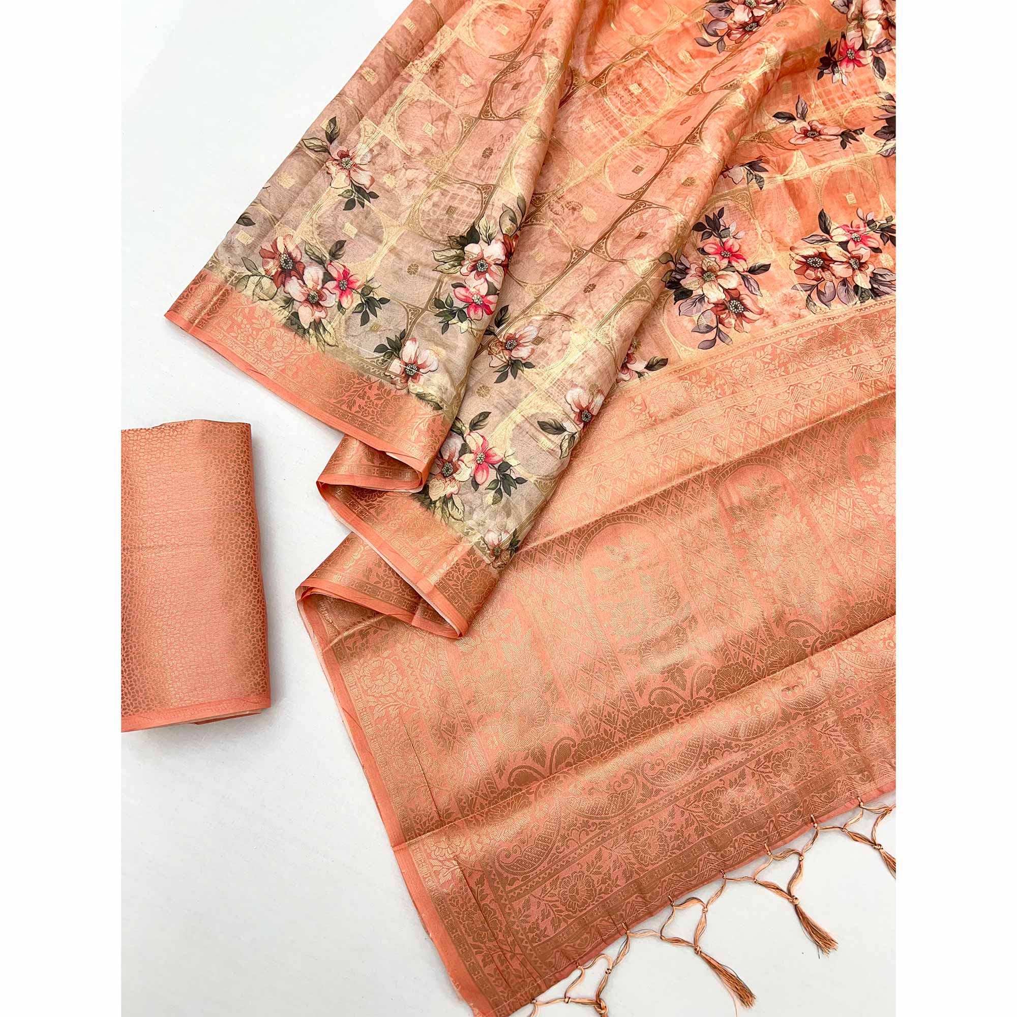 Charming Light Peach Floral Zari Weaving Silk Blend Saree With Digital Printed