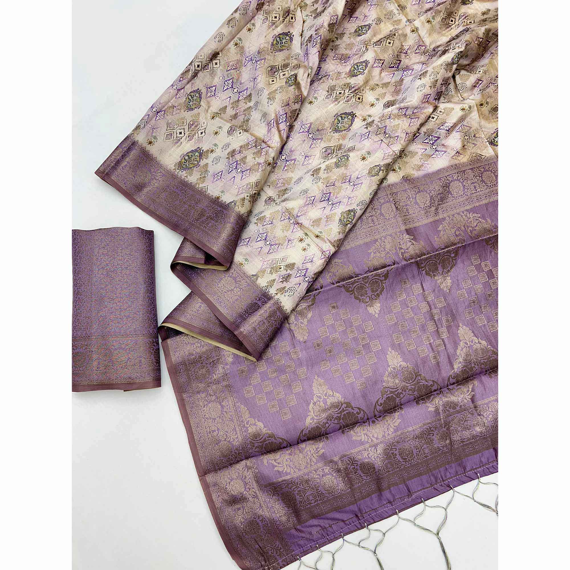 Stylish Lavender Silk Blend Saree Featuring Floral Zari Weaving & Digital Print