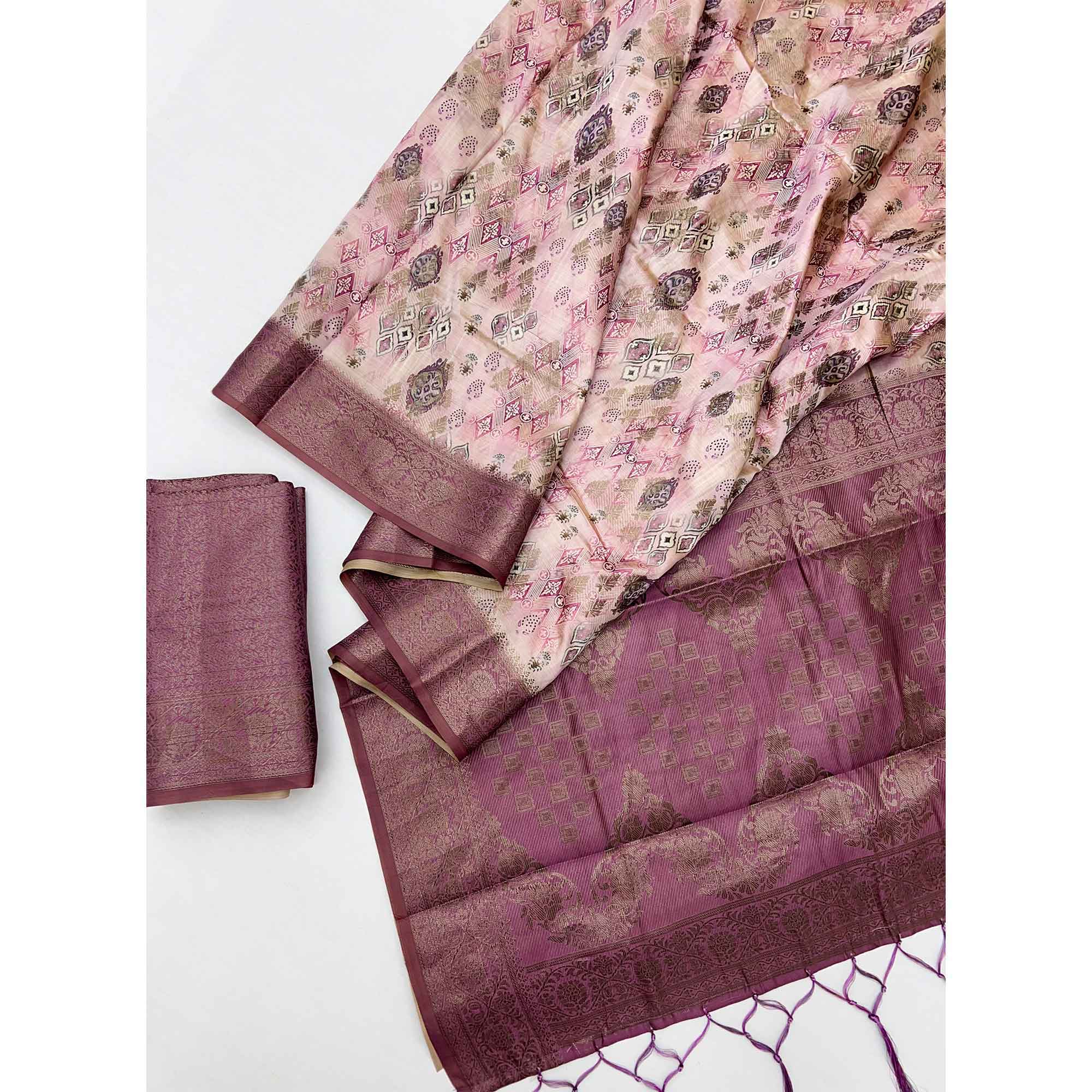 Stylish Wine Silk Blend Saree Featuring Floral Zari Weaving & Digital Print