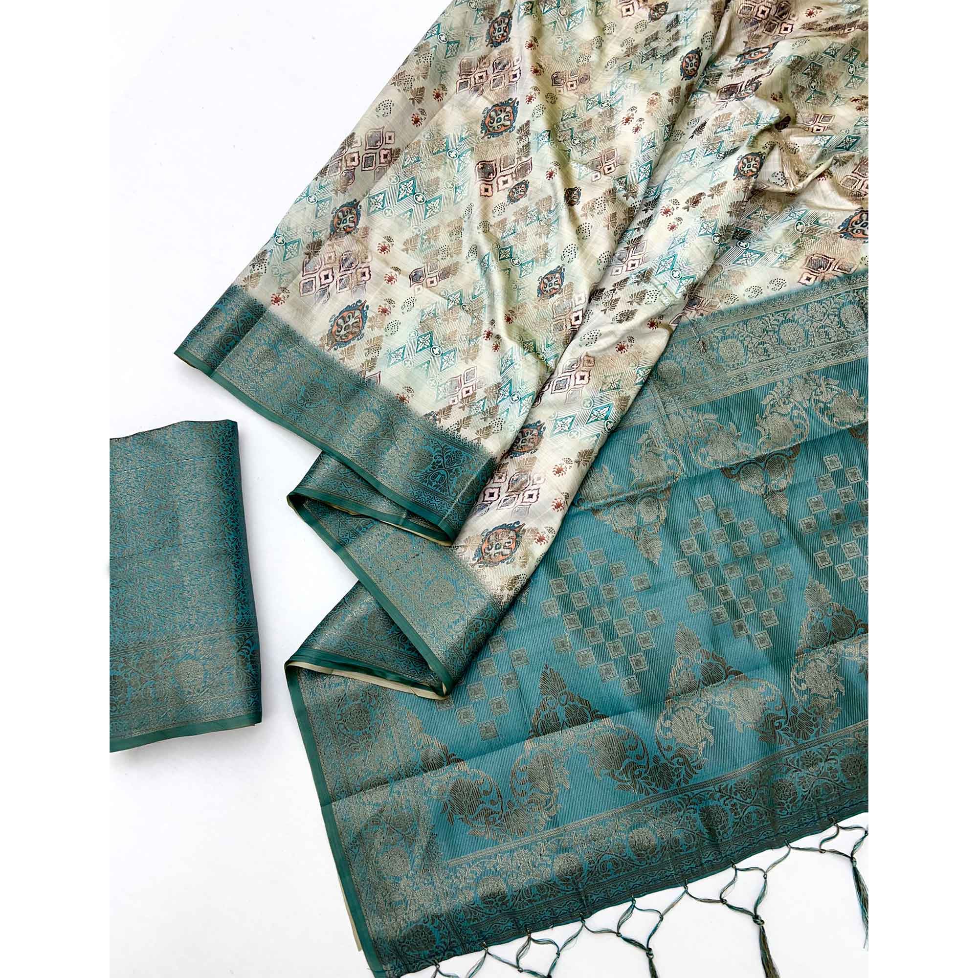 Stylish Teal Silk Blend Saree Featuring Floral Zari Weaving & Digital Print