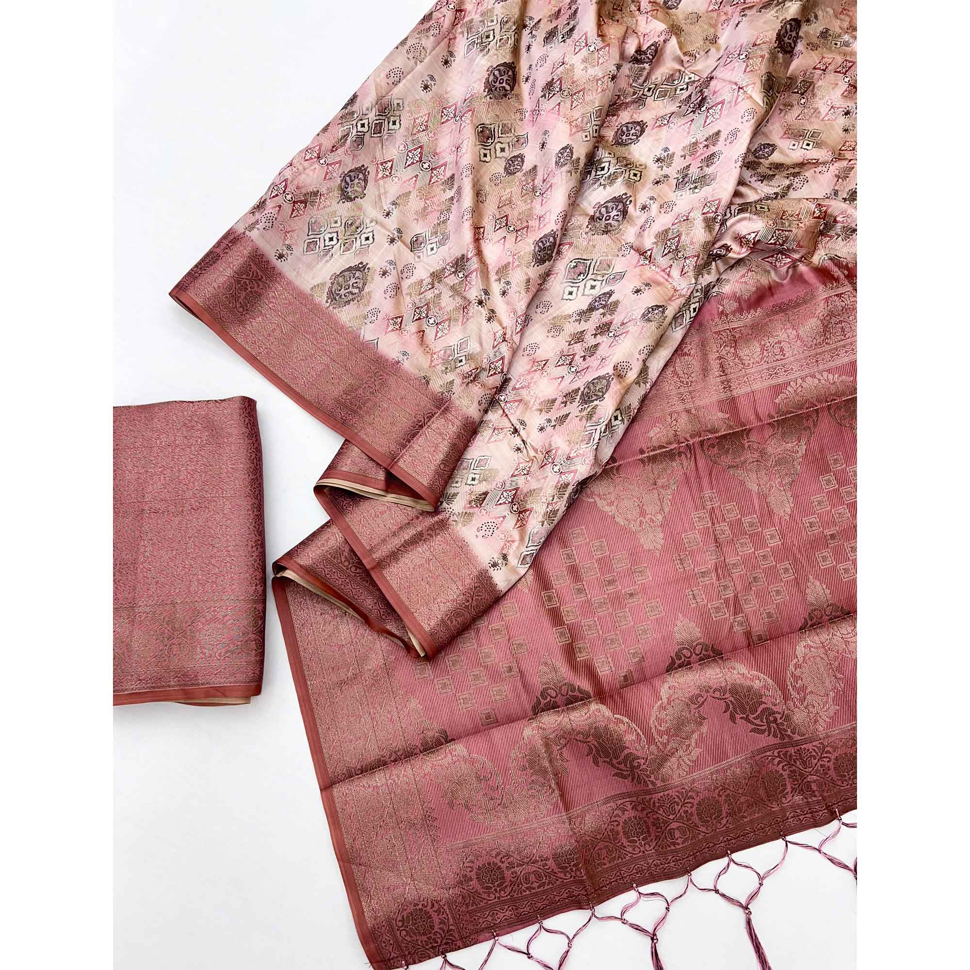 Stylish Dark Peach Silk Blend Saree Featuring Floral Zari Weaving & Digital Print