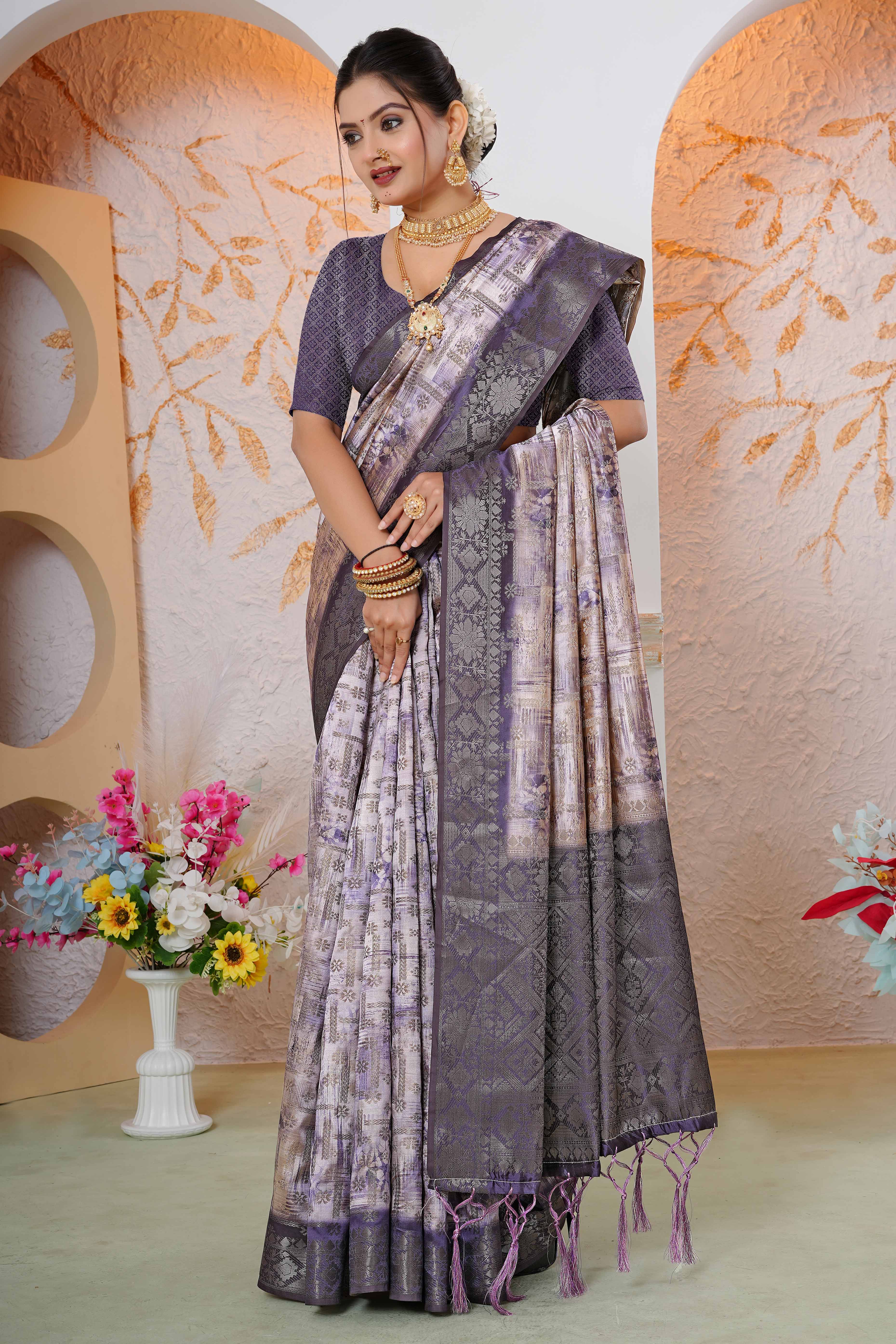 Premium Lavender Woven & Digitally Printed Silk Saree with Stylish Tassel Pallu