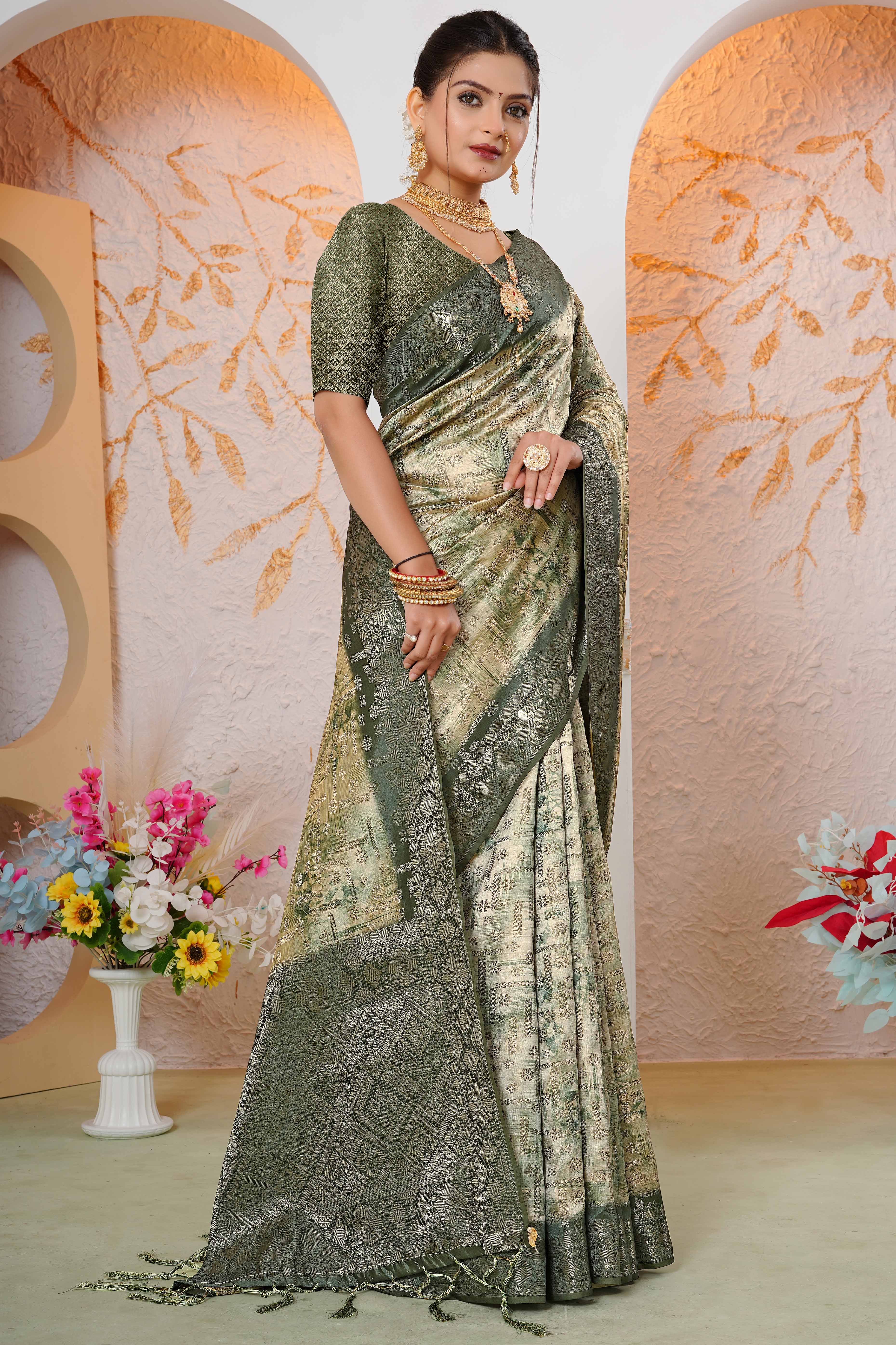 Premium Green Woven & Digitally Printed Silk Saree with Stylish Tassel Pallu