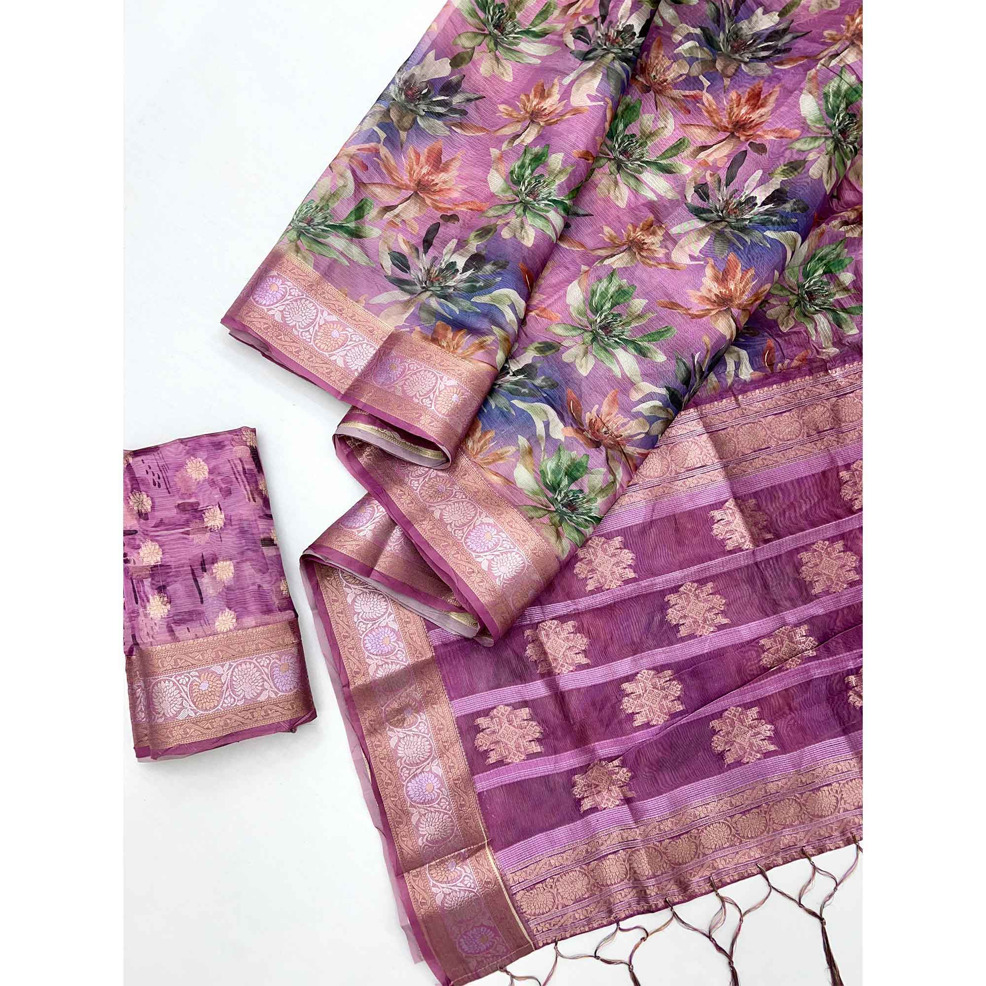 Graceful Purple Floral Zari Woven Silk Blend Saree With Digital Prints