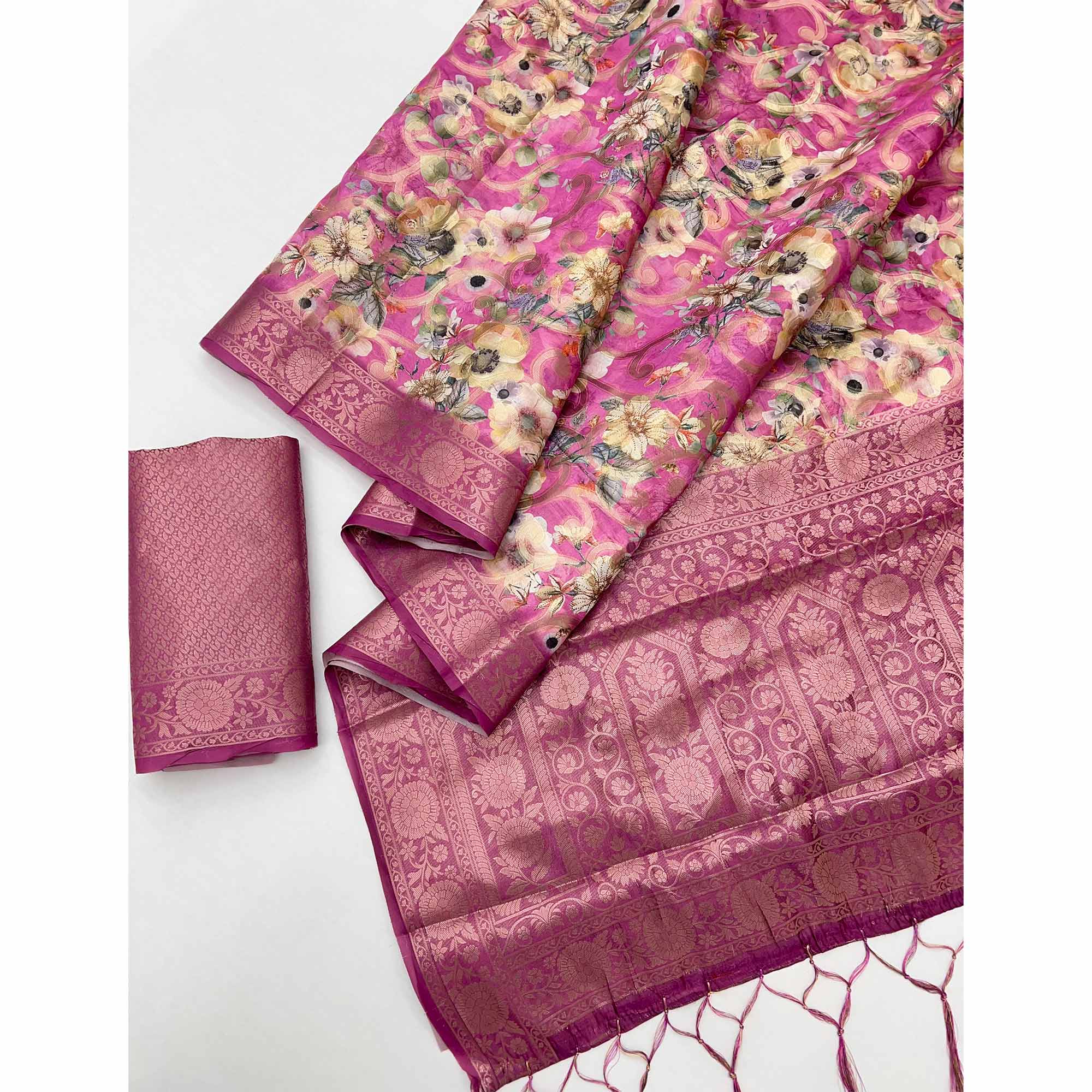 Stylish Rani Pink Floral Woven & Digital Printed Silk Blend Saree With Tassel Pallu