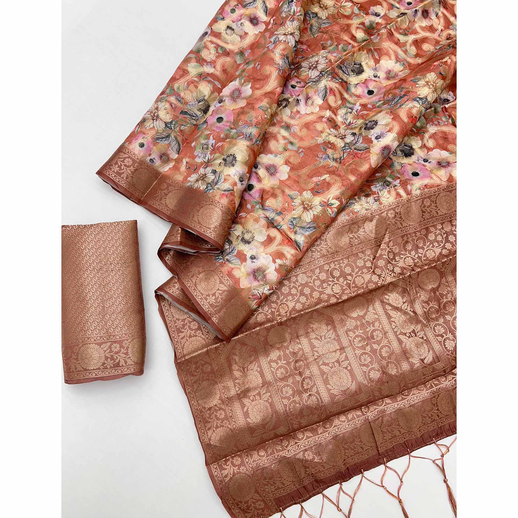 Stylish Dsuty Peach Floral Woven & Digital Printed Silk Blend Saree With Tassel Pallu