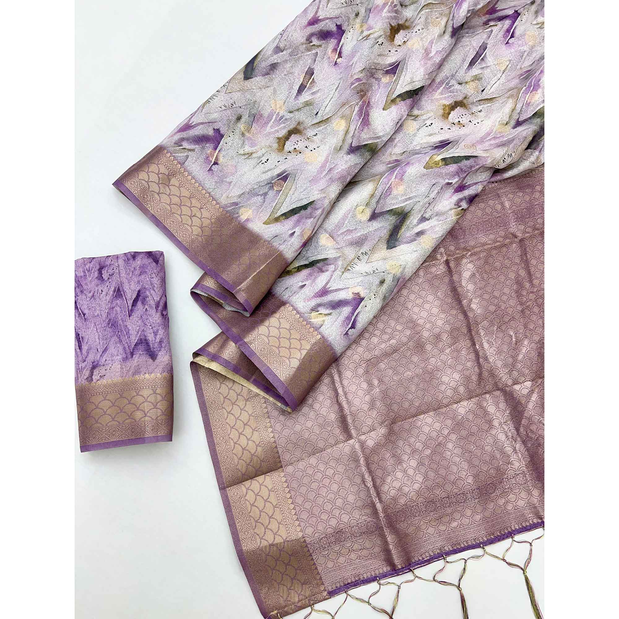 Elegant Lavender Silk Blend Saree With Zig-Zag Digital Print & Weaving Work