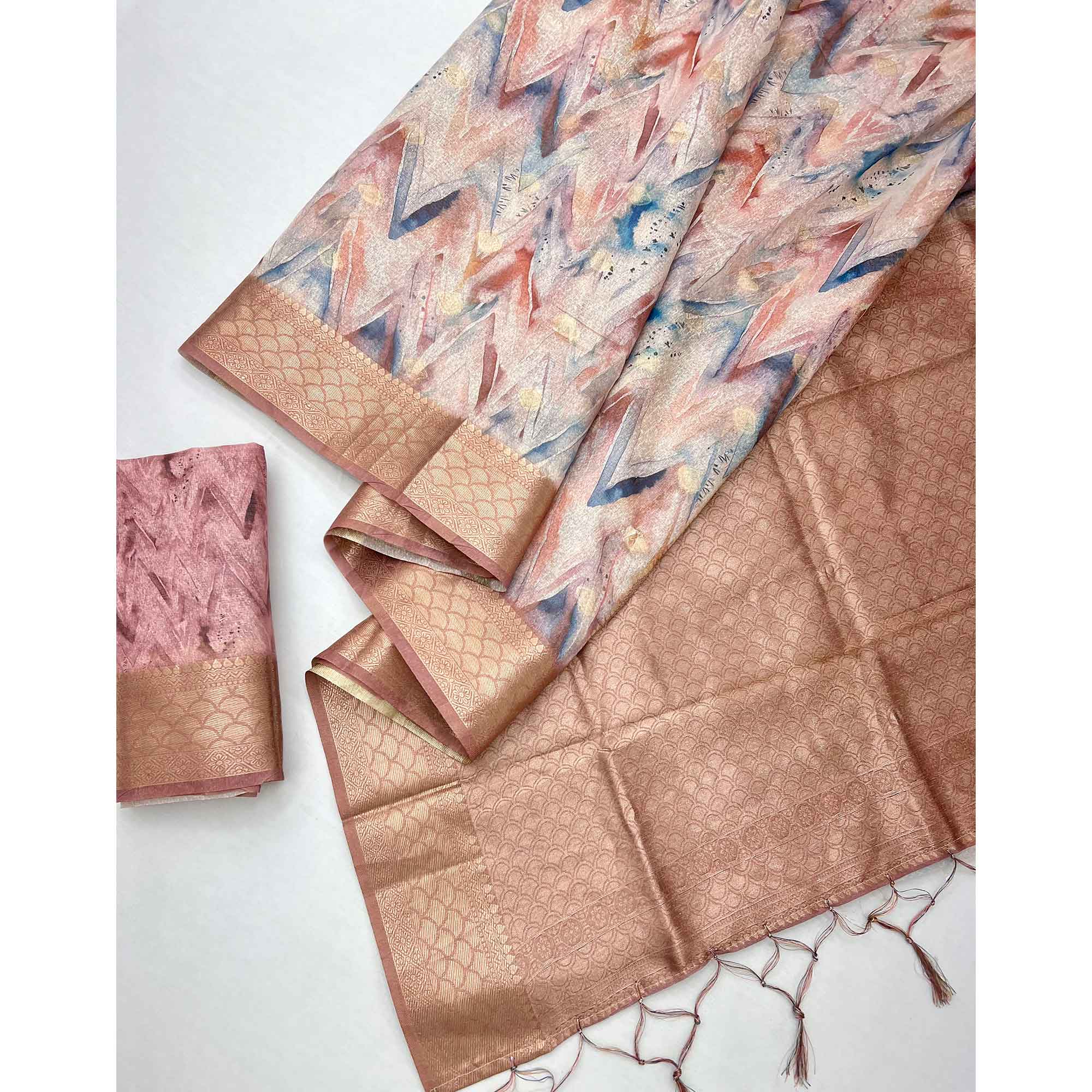 Elegant Peach Silk Blend Saree With Zig-Zag Digital Print & Weaving Work