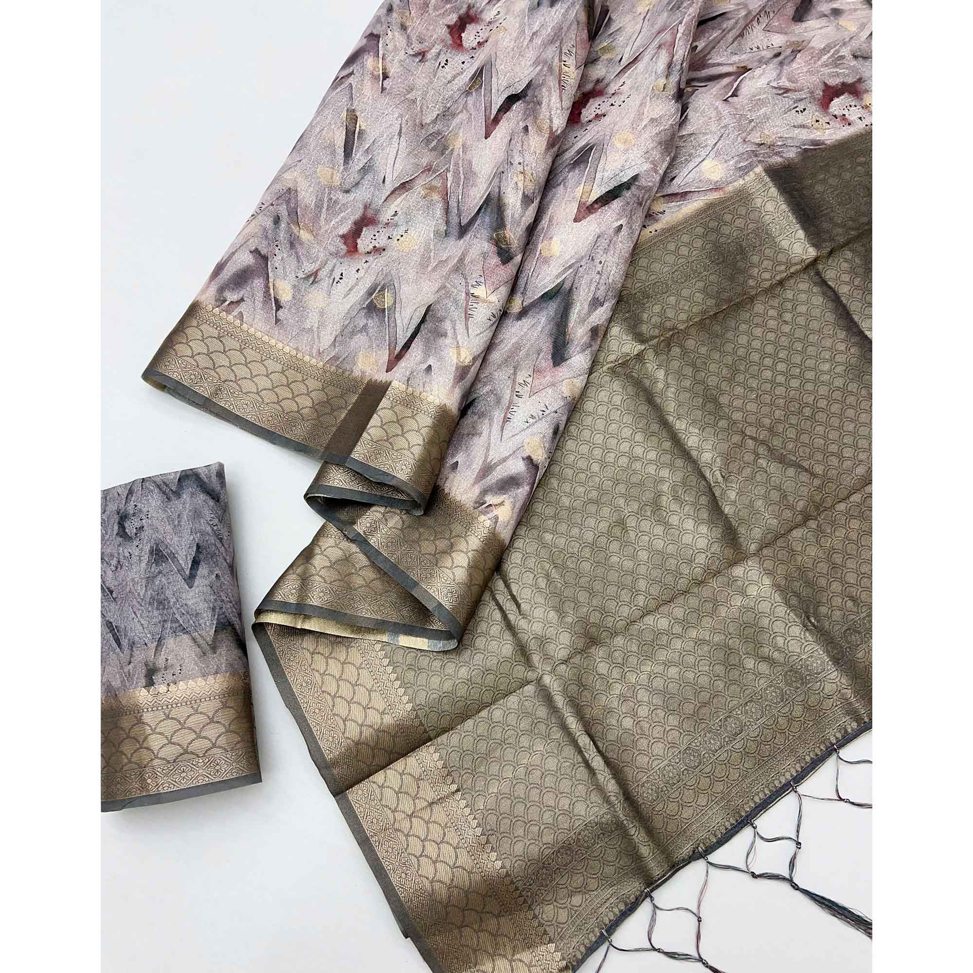 Elegant Grey Silk Blend Saree With Zig-Zag Digital Print & Weaving Work