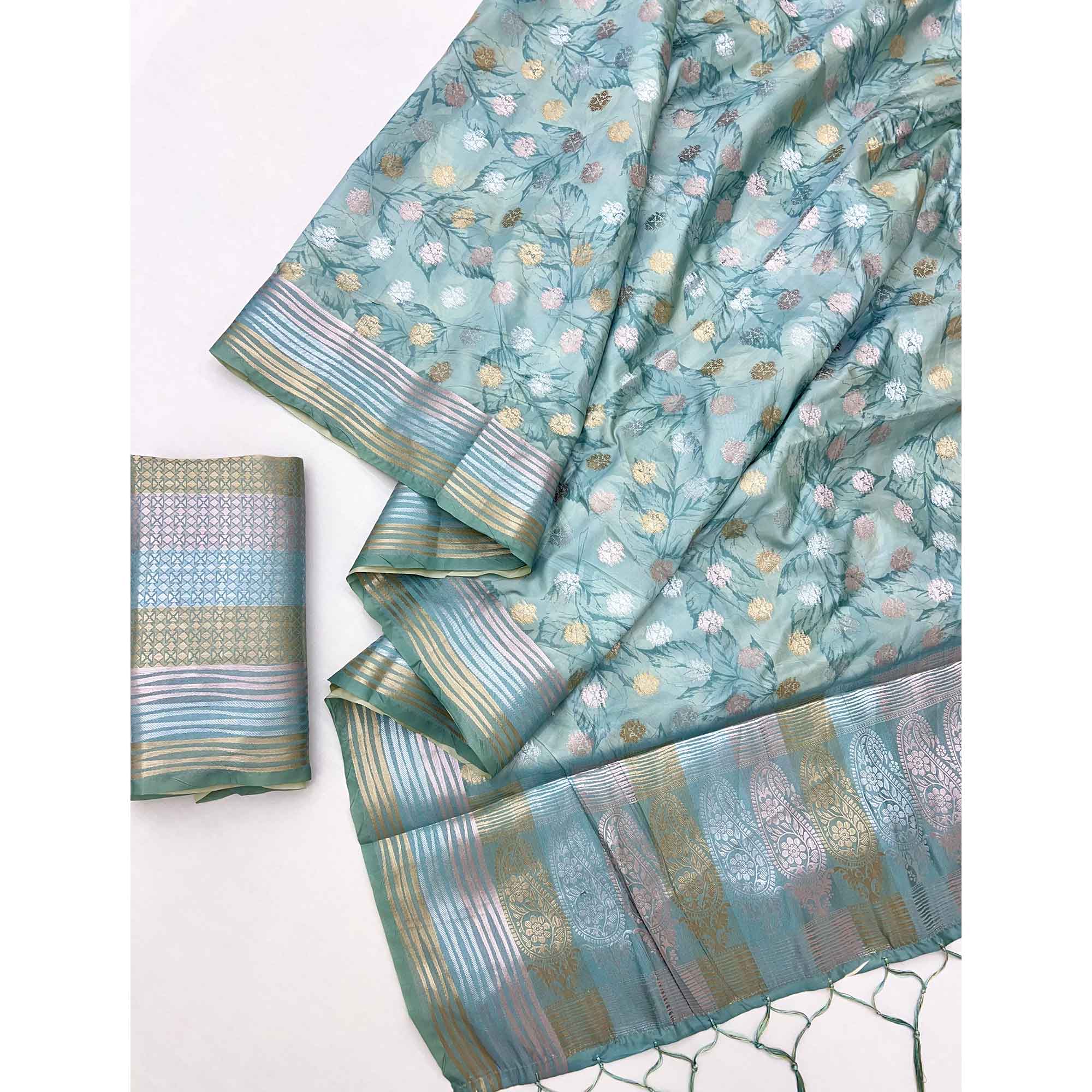 Dusty Turquoise Floral Motif Weaving & Artistic Digital Printed Silk Blend Saree With Tassel Pallu