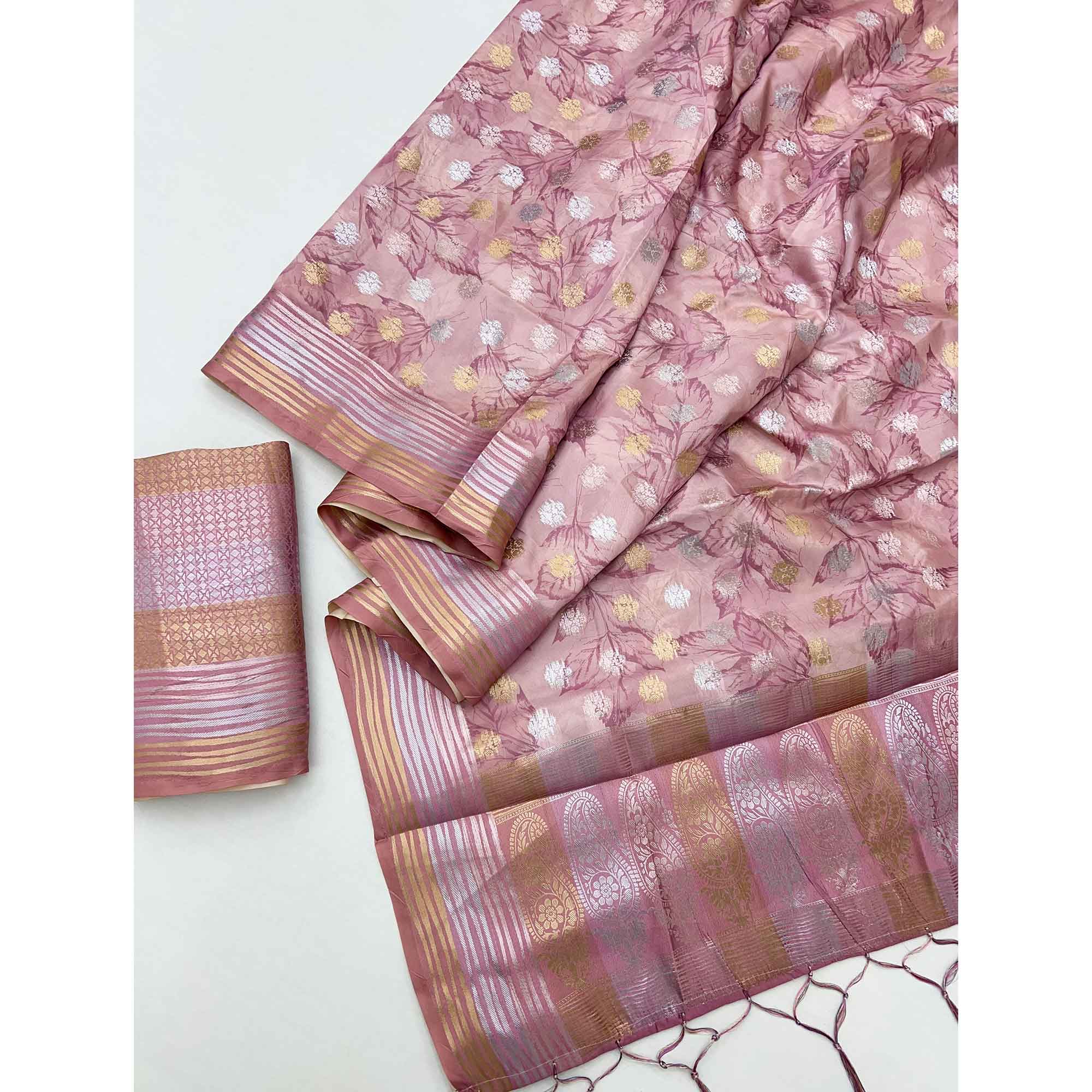 Dusty Pink Floral Motif Weaving & Artistic Digital Printed Silk Blend Saree With Tassel Pallu