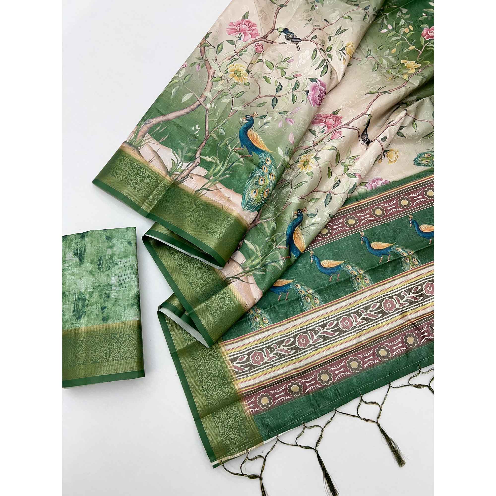 Charming Green Weaving Silk Blend Saree Adorned With Floral & Peacock Digital Prints