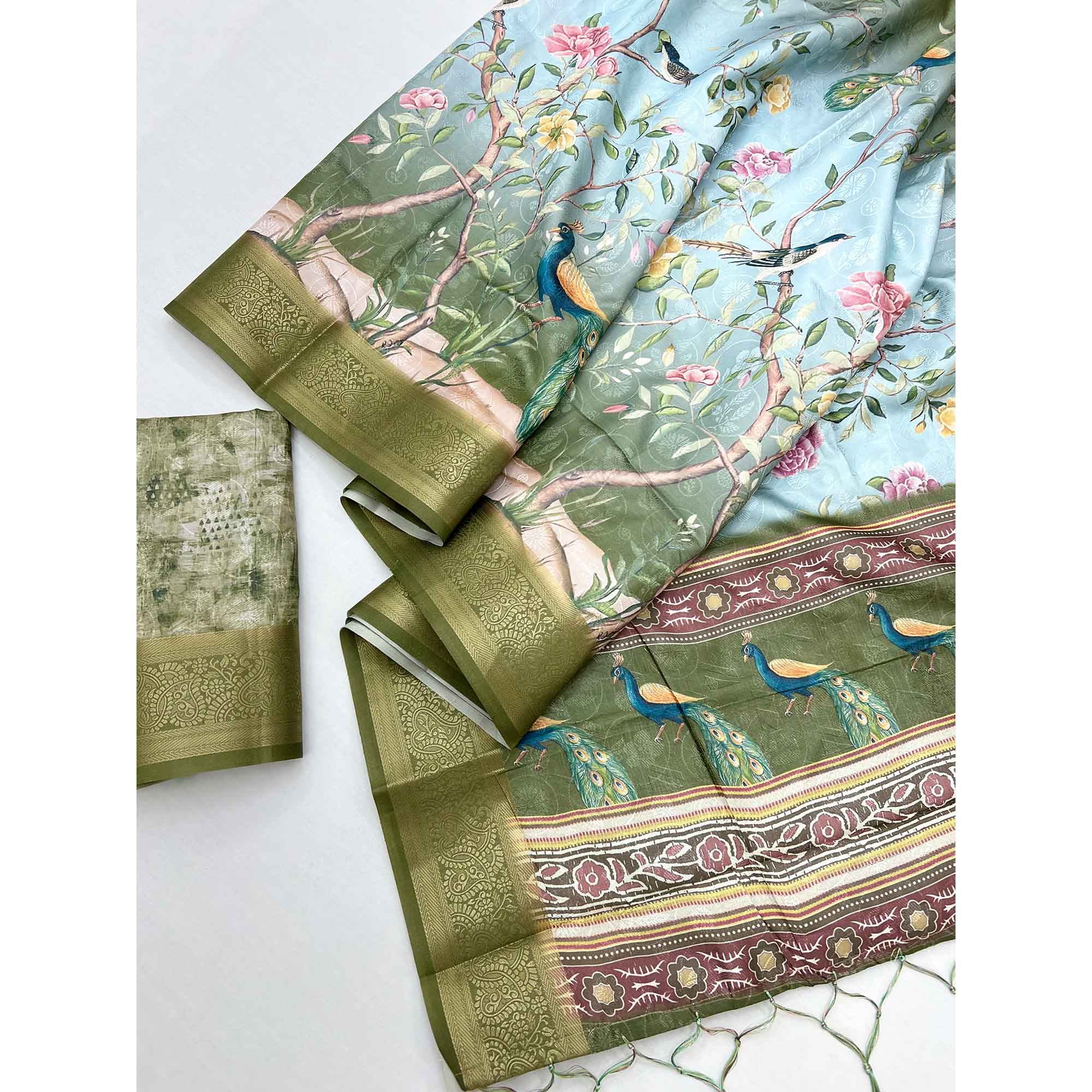 Charming Mehendi Green Weaving Silk Blend Saree Adorned With Floral & Peacock Digital Prints