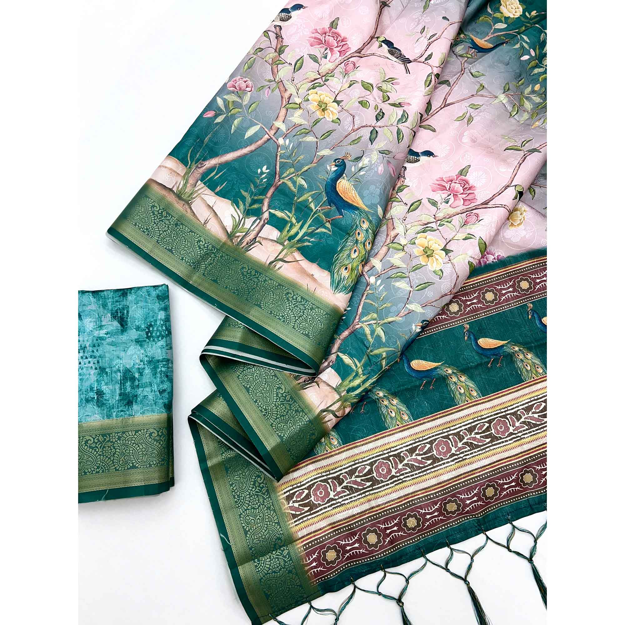 Charming Teal Weaving Silk Blend Saree Adorned With Floral & Peacock Digital Prints