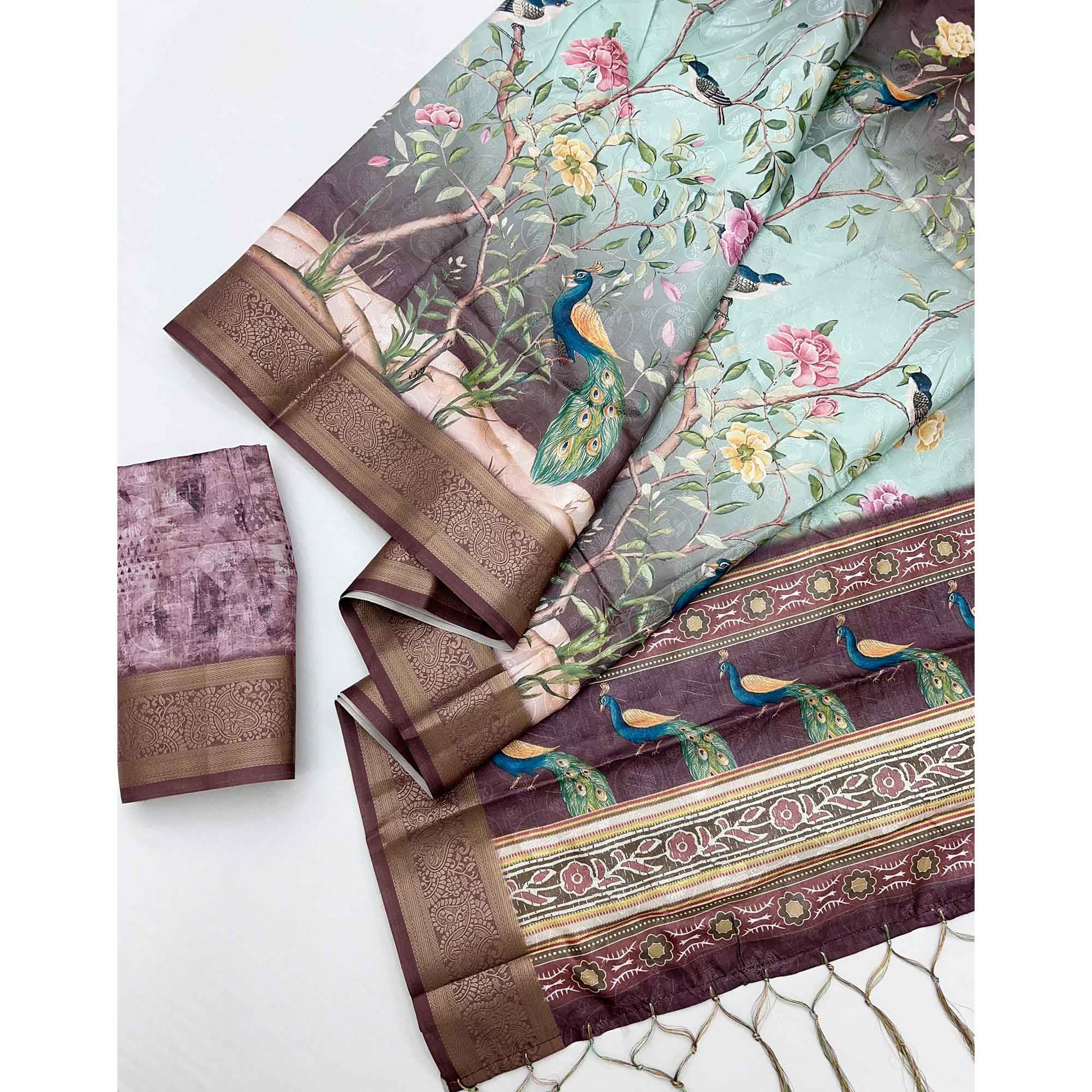 Charming Wine Weaving Silk Blend Saree Adorned With Floral & Peacock Digital Prints