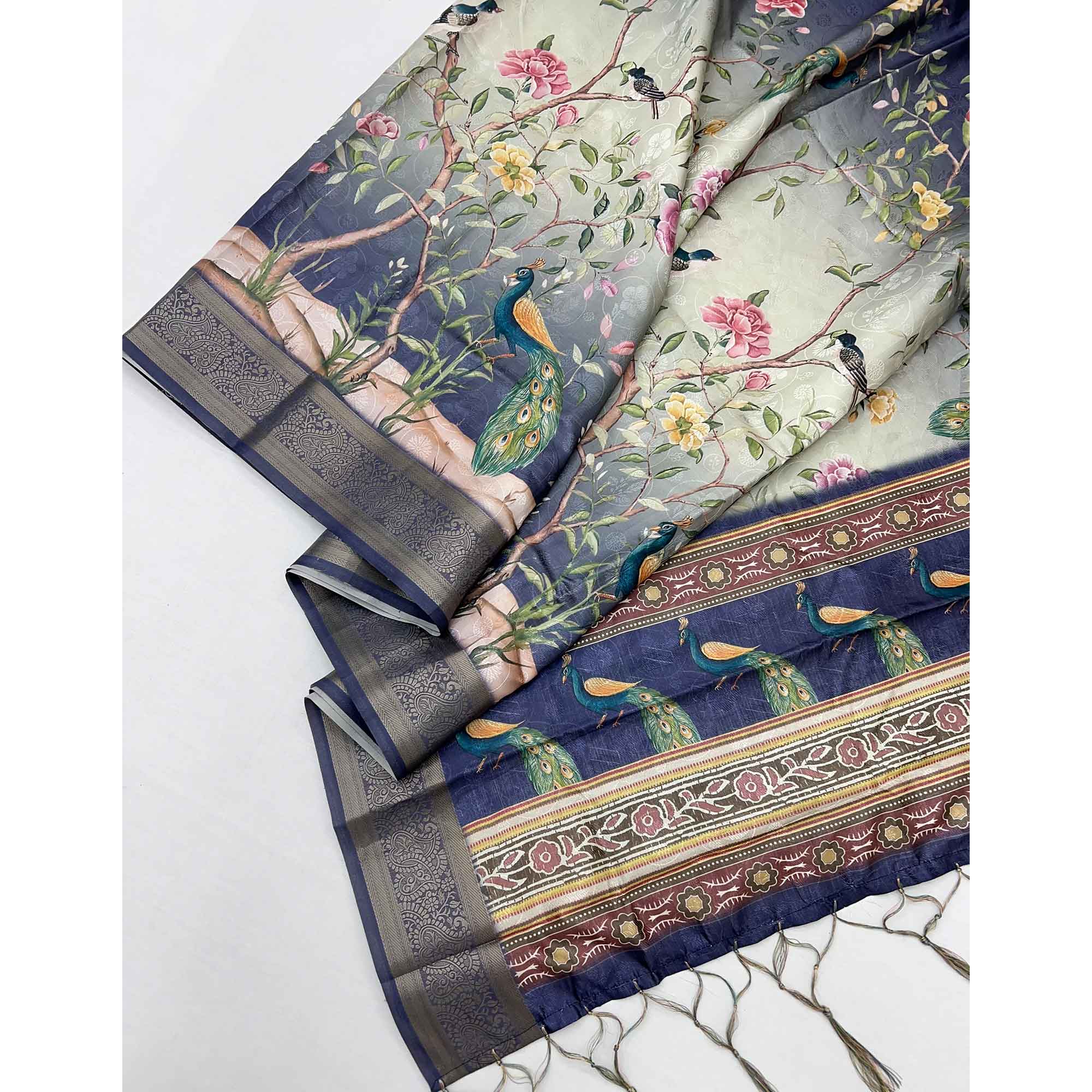 Charming Nav Blue Weaving Silk Blend Saree Adorned With Floral & Peacock Digital Prints