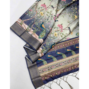 Charming Nav Blue Weaving Silk Blend Saree Adorned With Floral & Peacock Digital Prints
