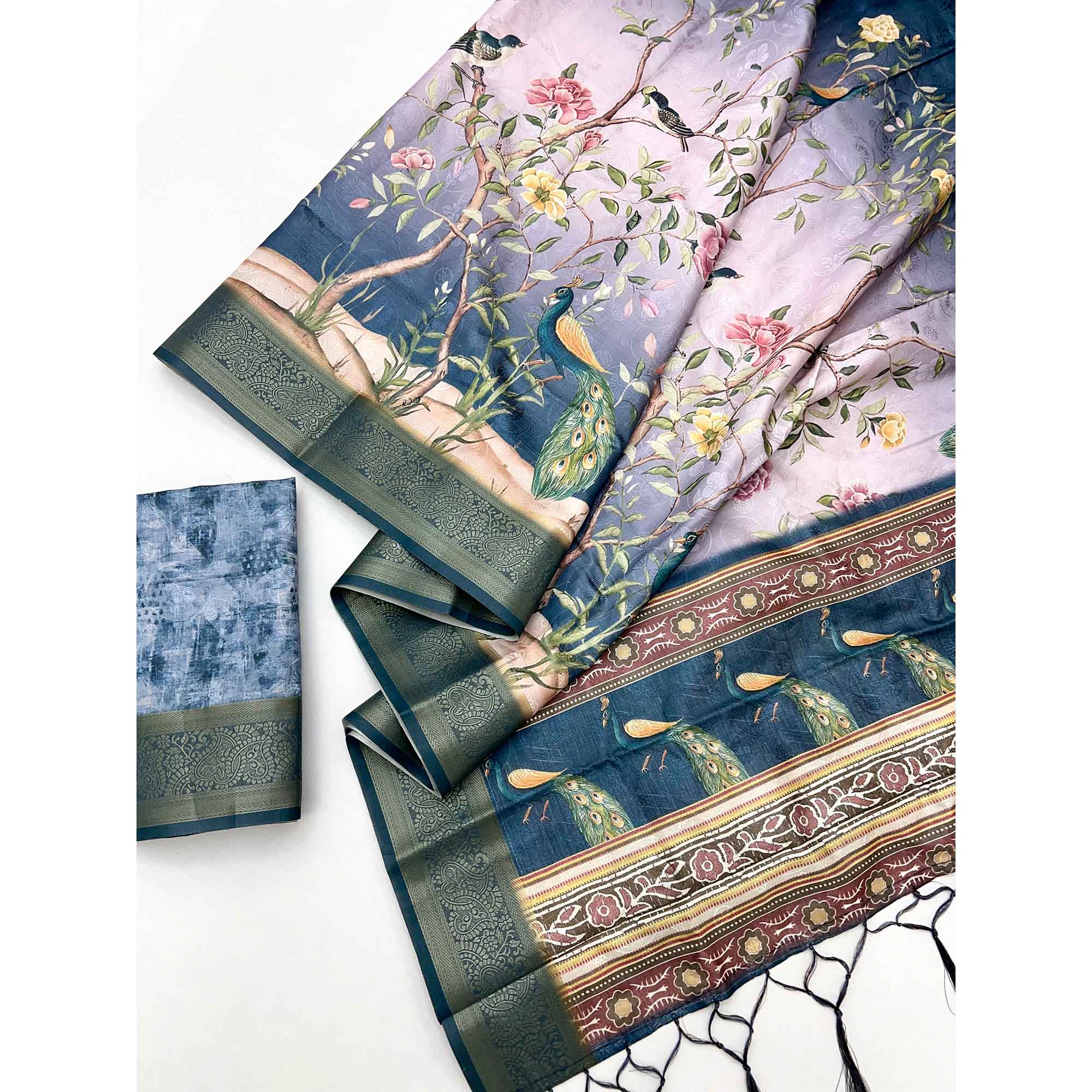 Charming Blue Weaving Silk Blend Saree Adorned With Floral & Peacock Digital Prints