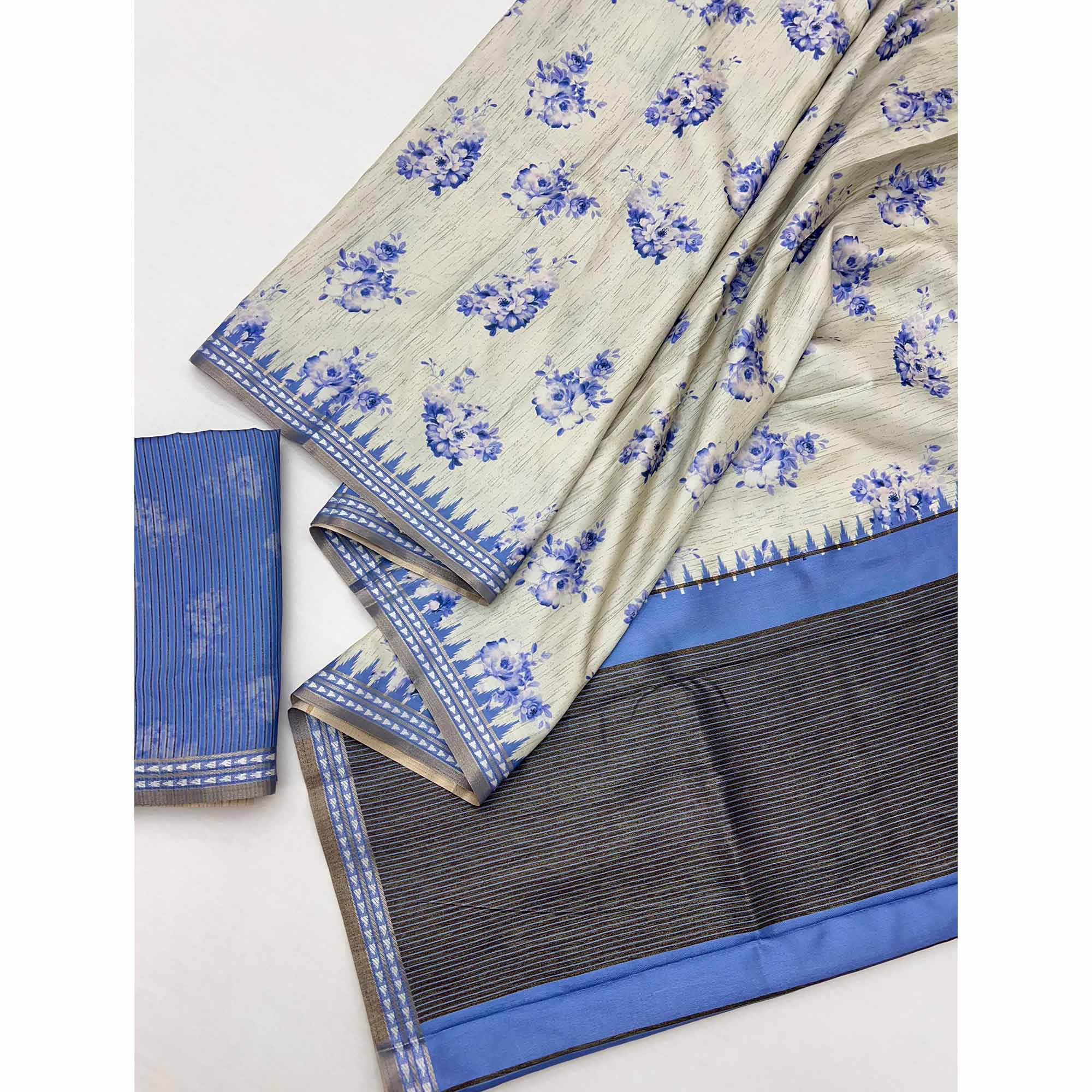 Charming Blue Silk Blend Saree Featuring Floral Digital Prints & Zari Border