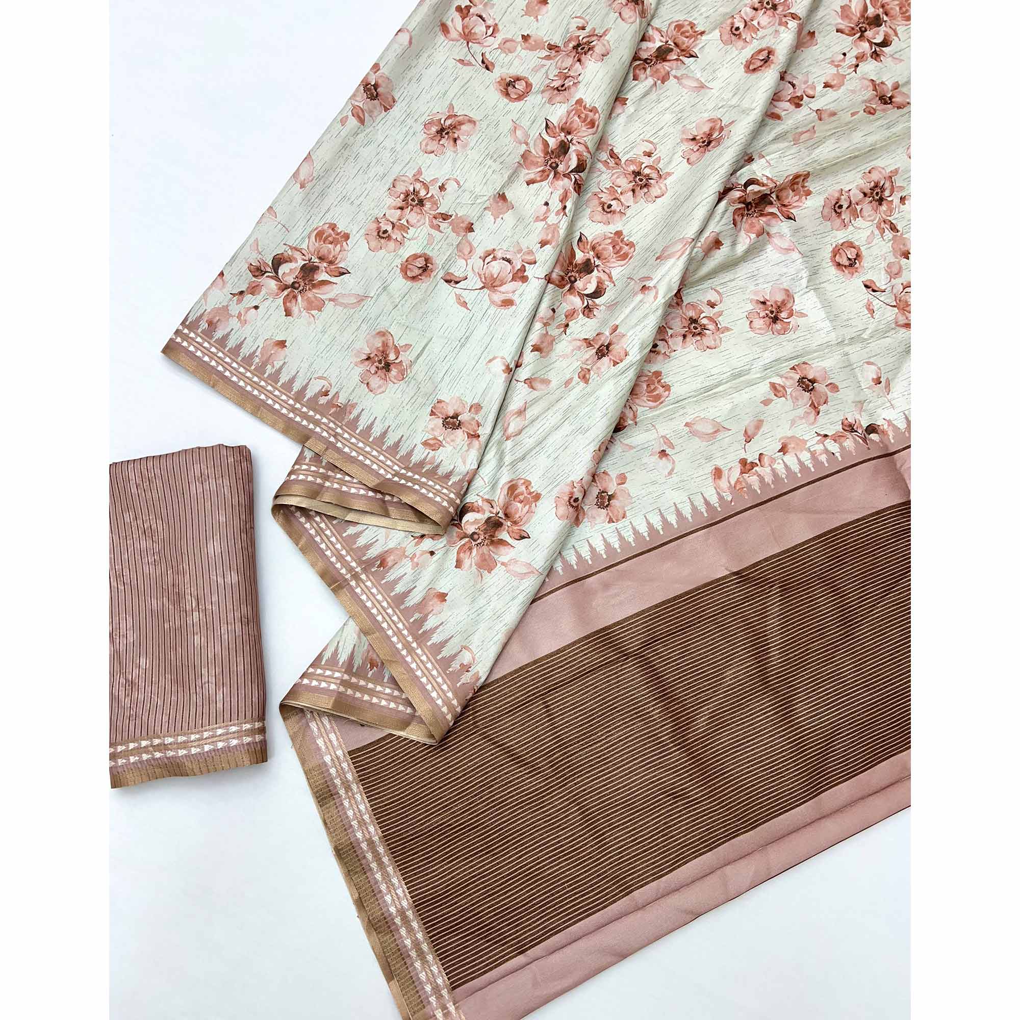 Charming Peach Silk Blend Saree Featuring Floral Digital Prints & Zari Border